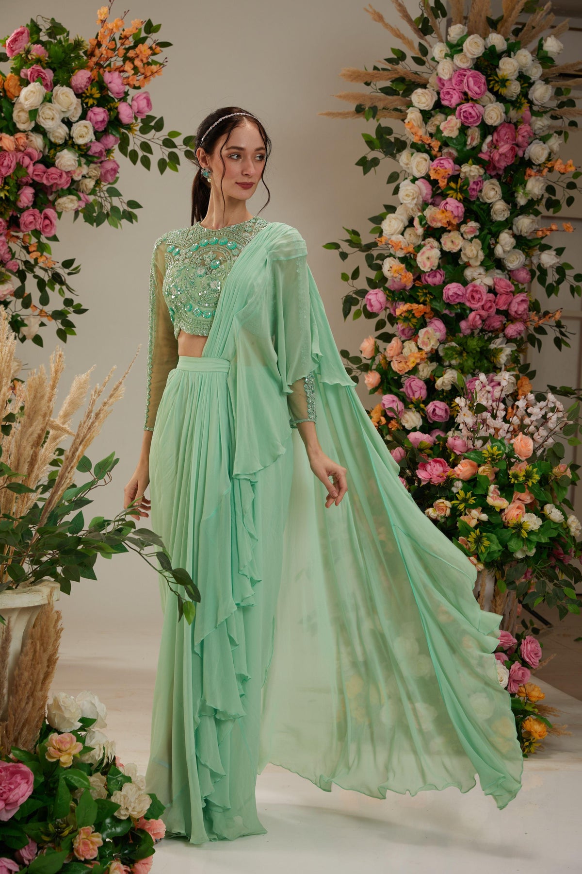 Green Georgette Drape Saree - Preeti s kapoor