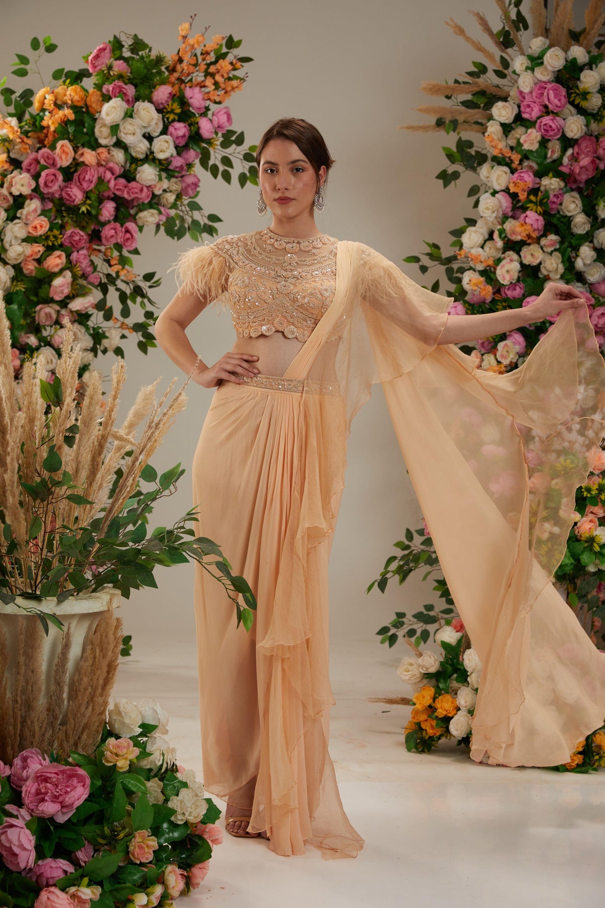 Peach Georgette Drape Saree - Preeti s kapoor