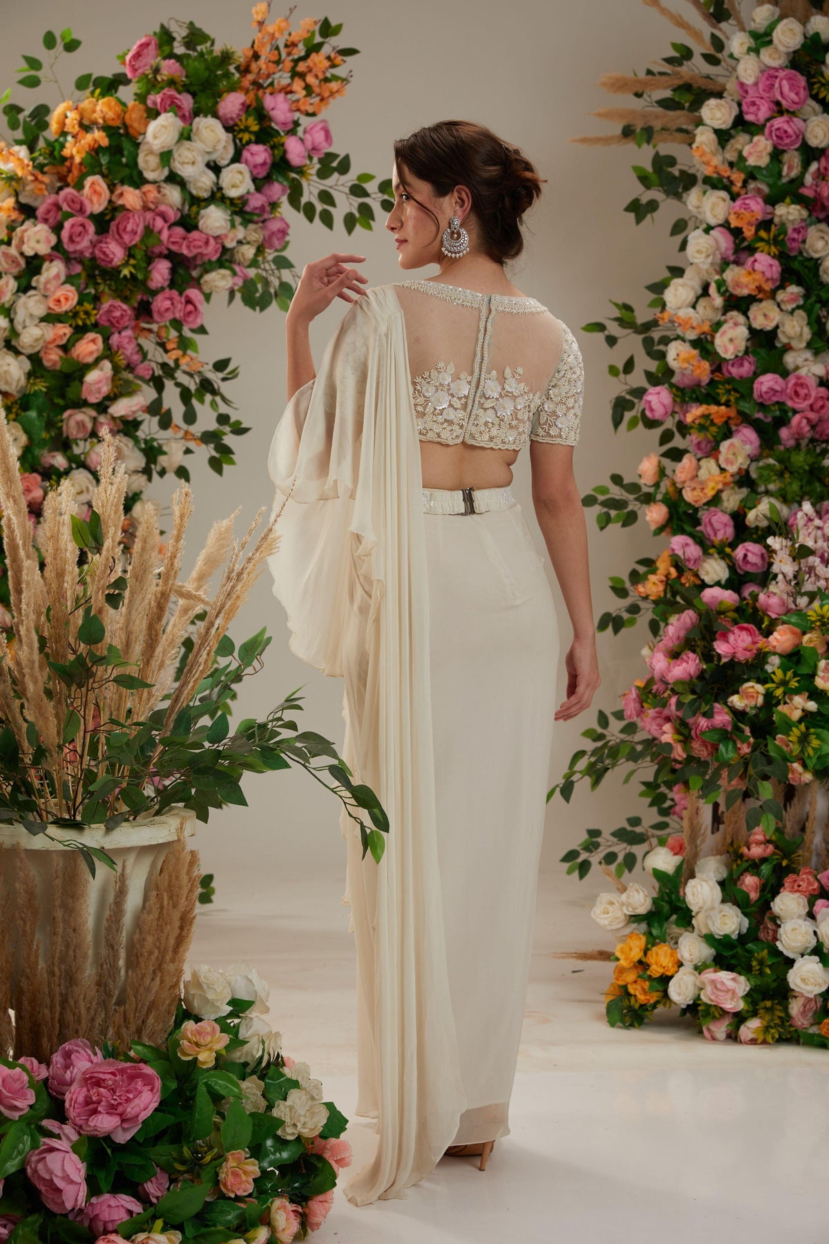 Cream Georgette Drape Saree - Preeti s kapoor