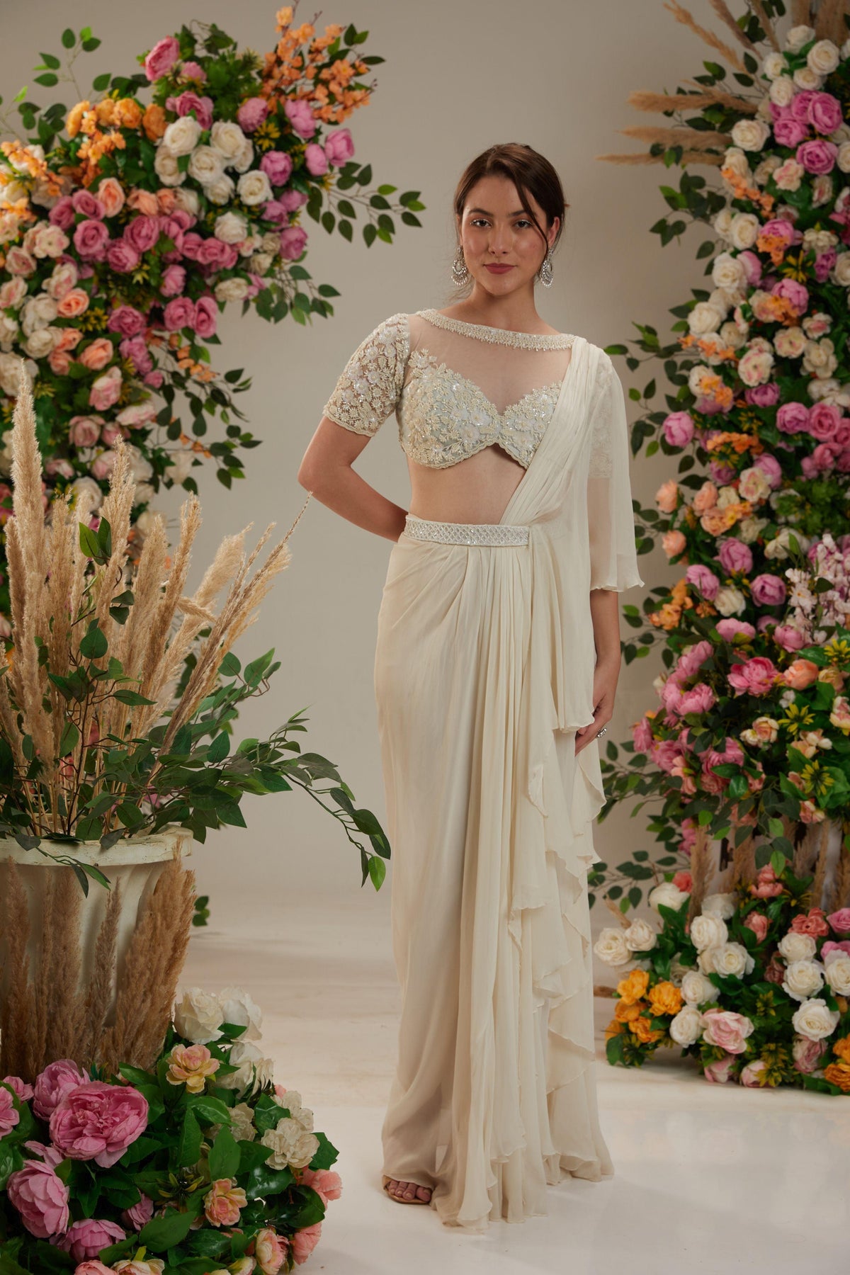 Cream Georgette Drape Saree - Preeti s kapoor