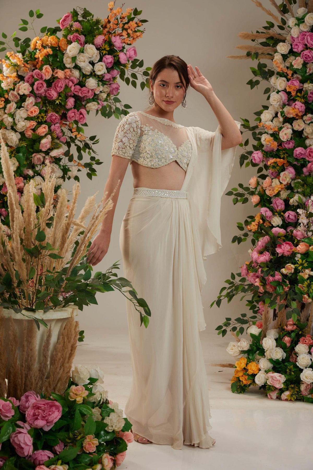 Cream Georgette Drape Saree - Preeti s kapoor