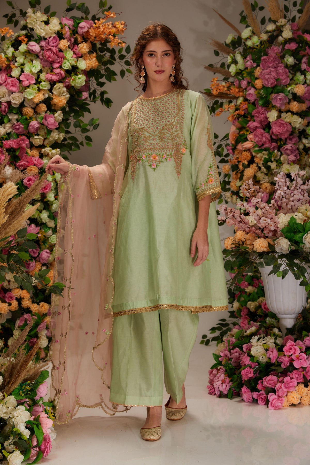 Pista Green Chanderi A-line Kurta set - Preeti s kapoor