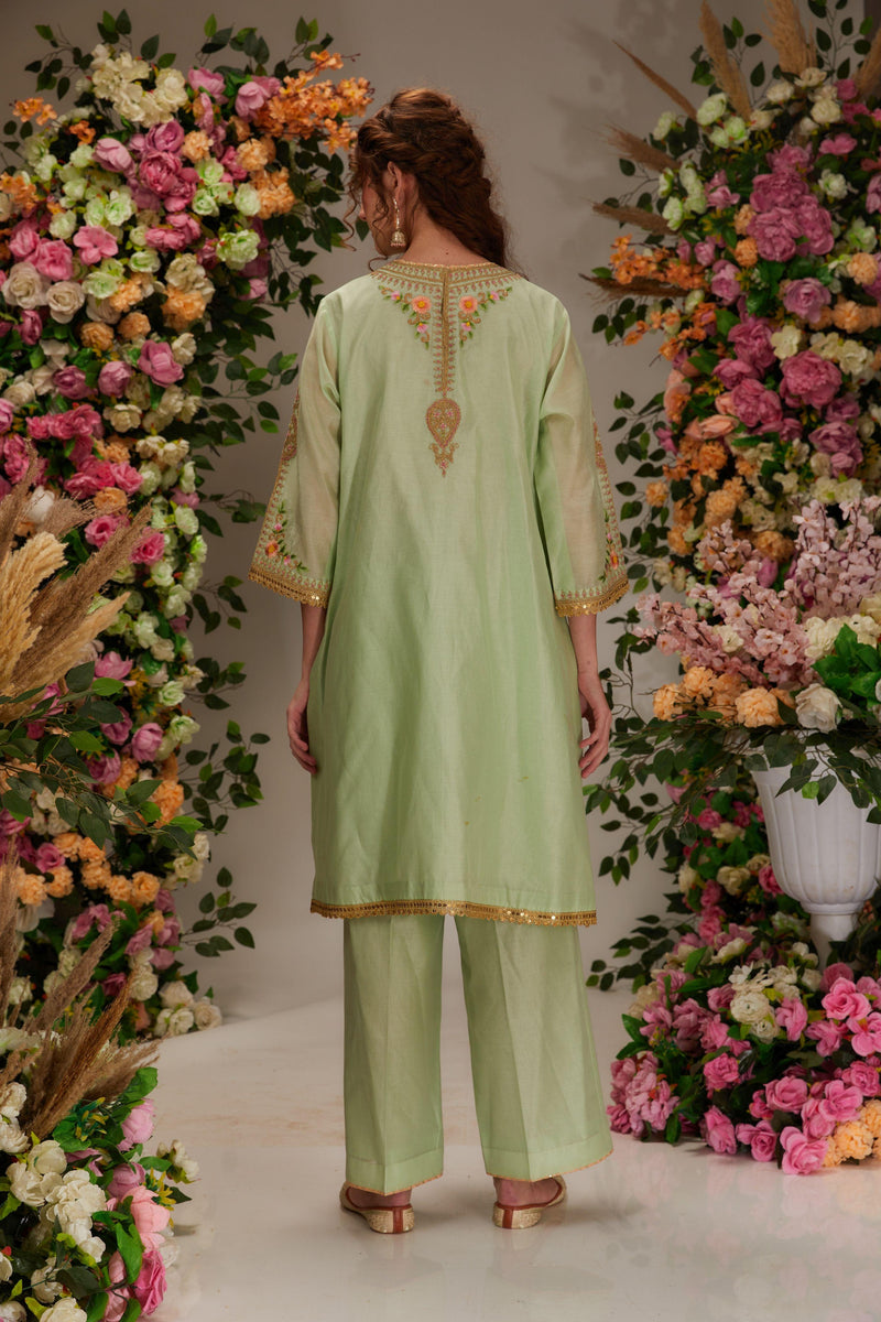 Pista Green Chanderi A-line Kurta set - Preeti s kapoor