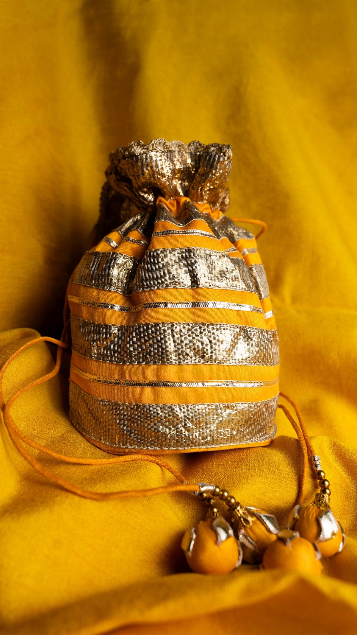 Yellow Blended Silk Traditional Gota Patti Embroidery Potlis