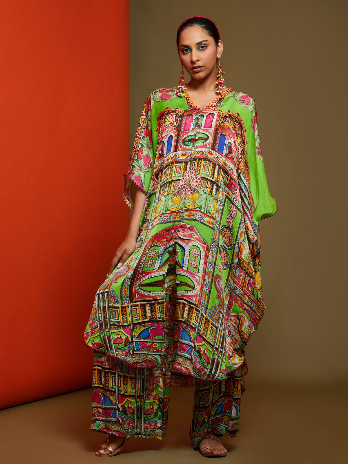 Printed Lime Green Front Open Long Tunic Pant Set - Preeti s kapoor