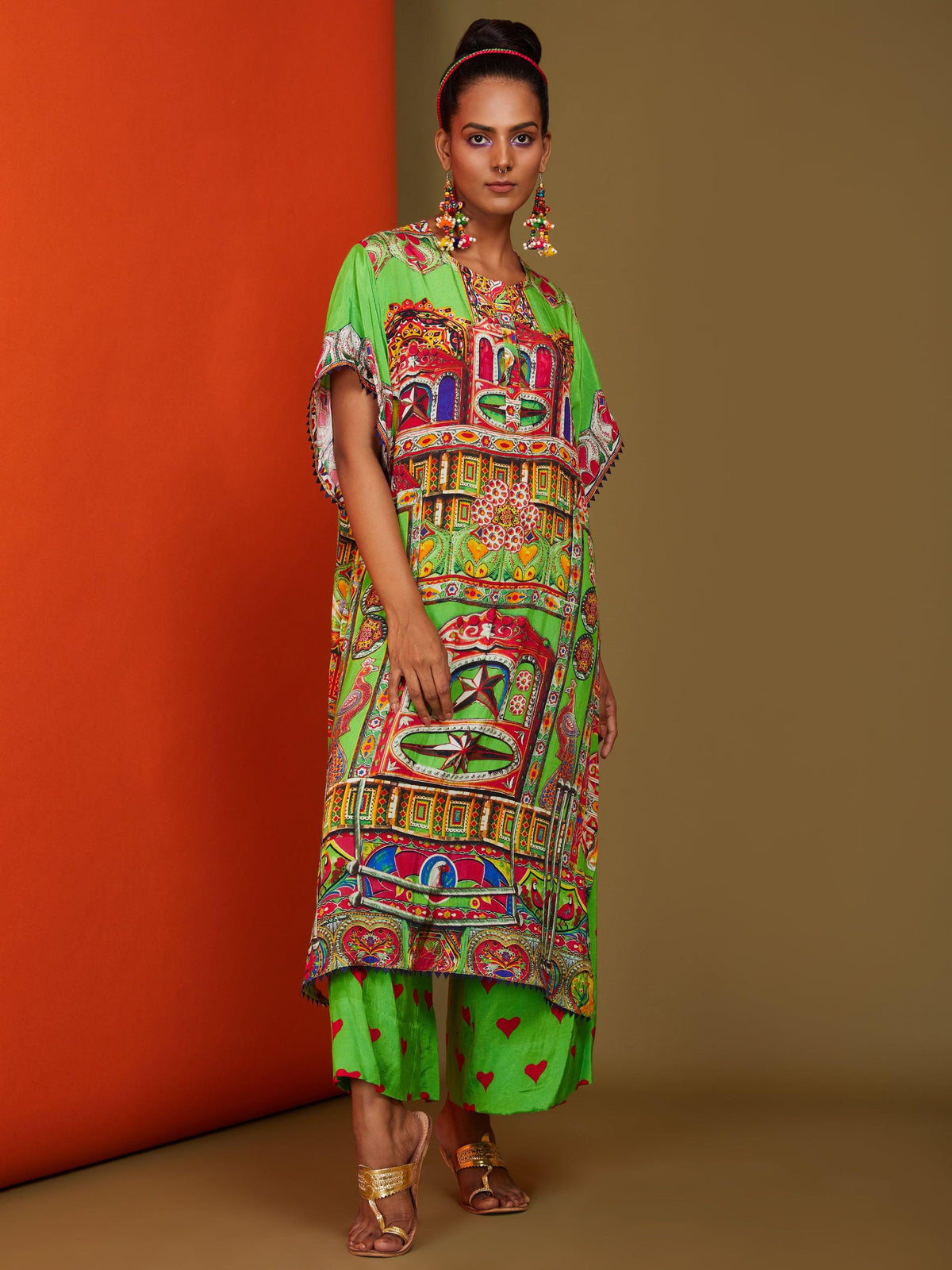 Printed Lime Green Front Open Long Kurta Pant Set - Preeti s kapoor