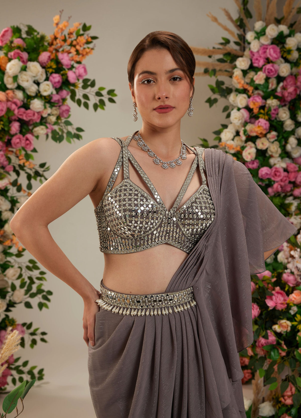 Grey Dupion Blouse Shimmer Georgette Saree - Preeti s kapoor