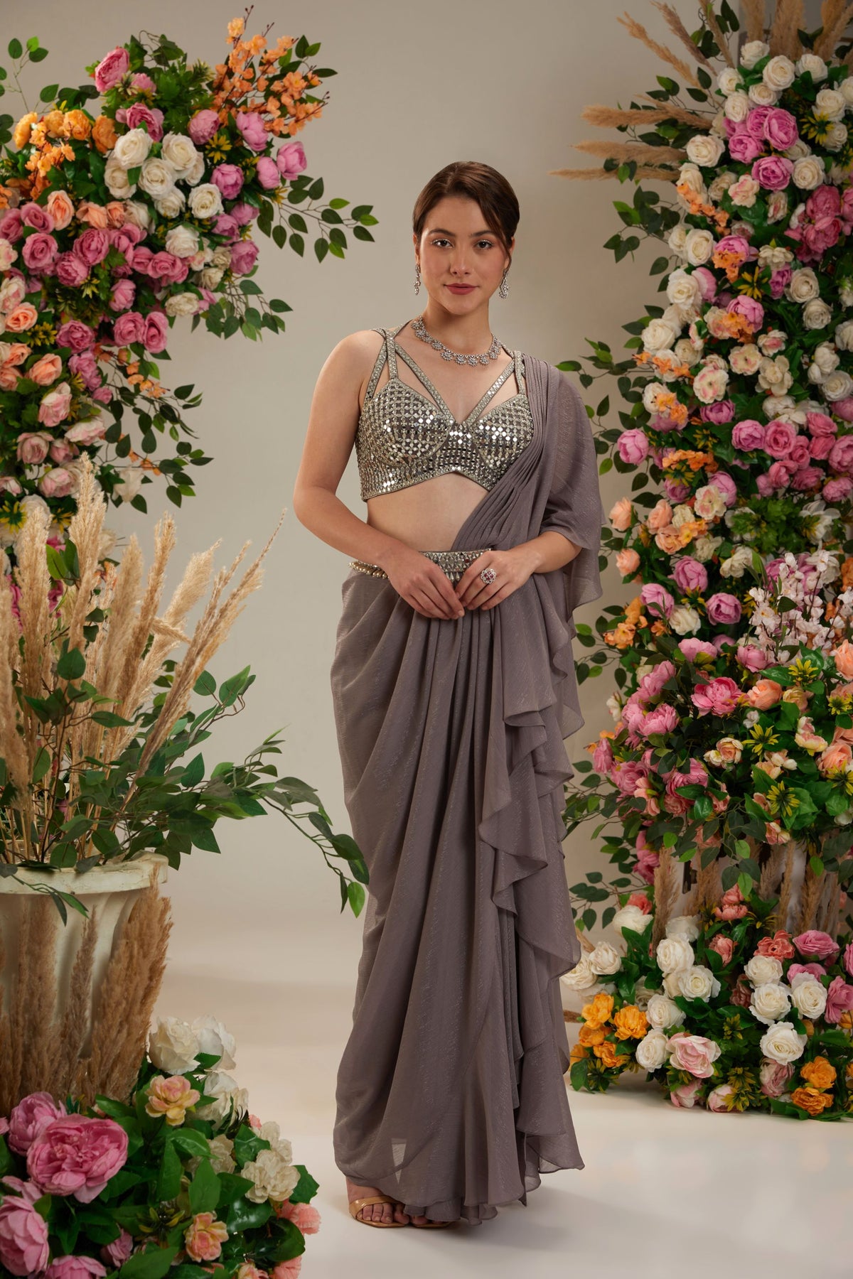 Grey Dupion Blouse Shimmer Georgette Saree - Preeti s kapoor