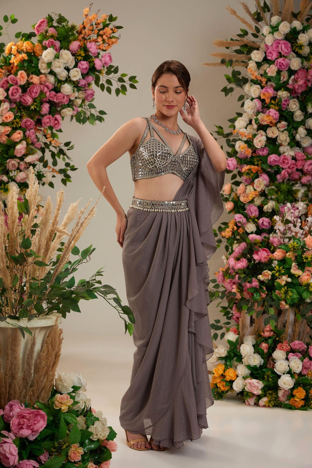 Grey Dupion Blouse Shimmer Georgette Saree - Preeti s kapoor