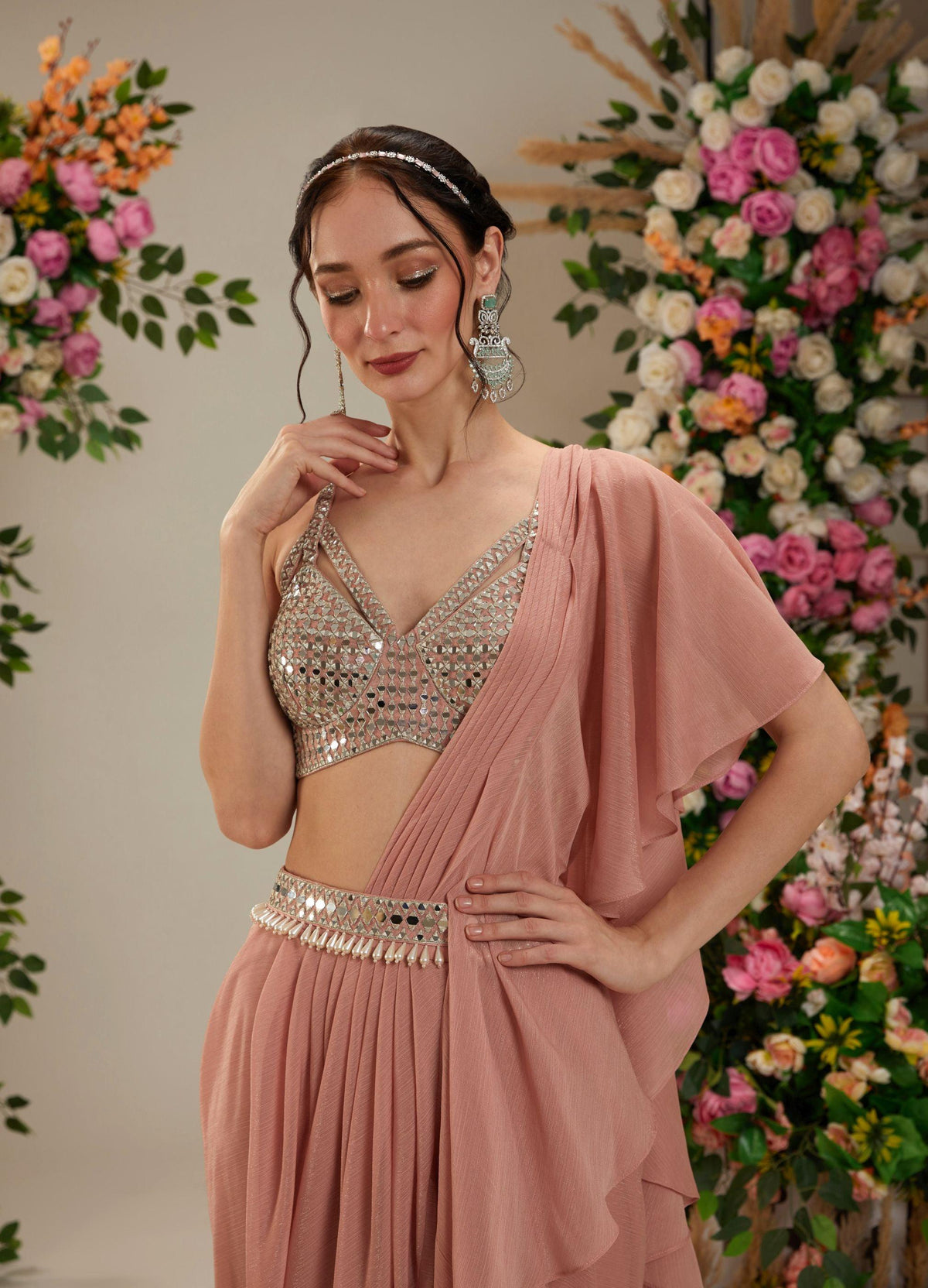 Peach Brown Dupion blouse Shimmer Georgette Saree - Preeti s kapoor