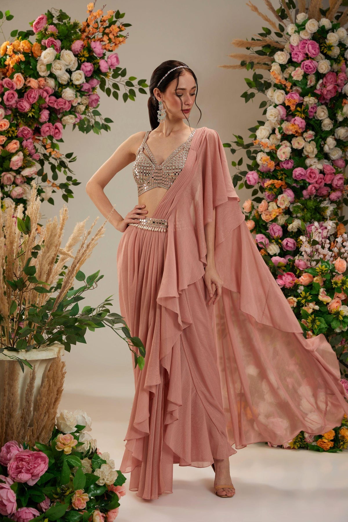 Peach Brown Dupion blouse Shimmer Georgette Saree - Preeti s kapoor