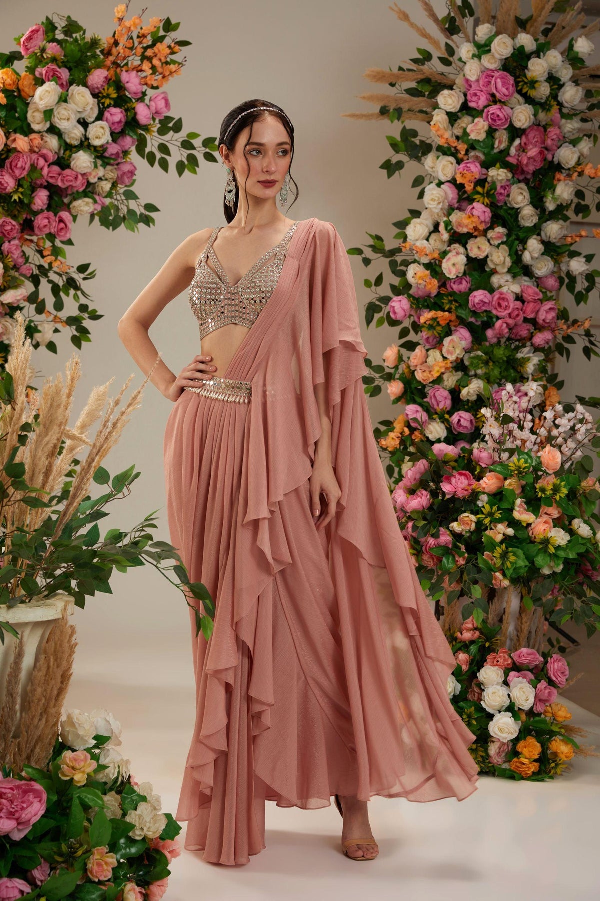 Peach Brown Dupion blouse Shimmer Georgette Saree - Preeti s kapoor