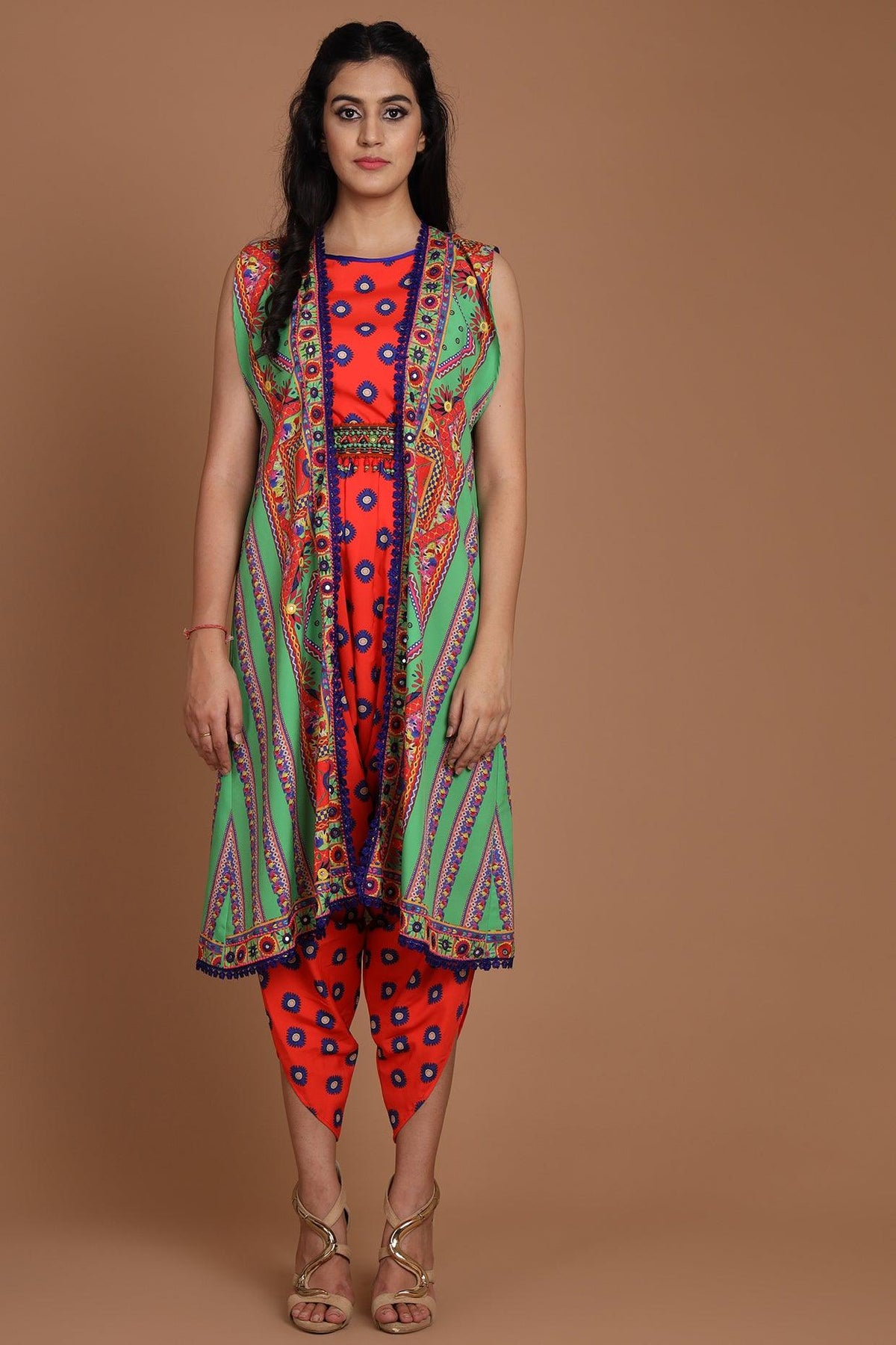 Green & Red Embroidered Jacket Set With Belt - Preeti s kapoor