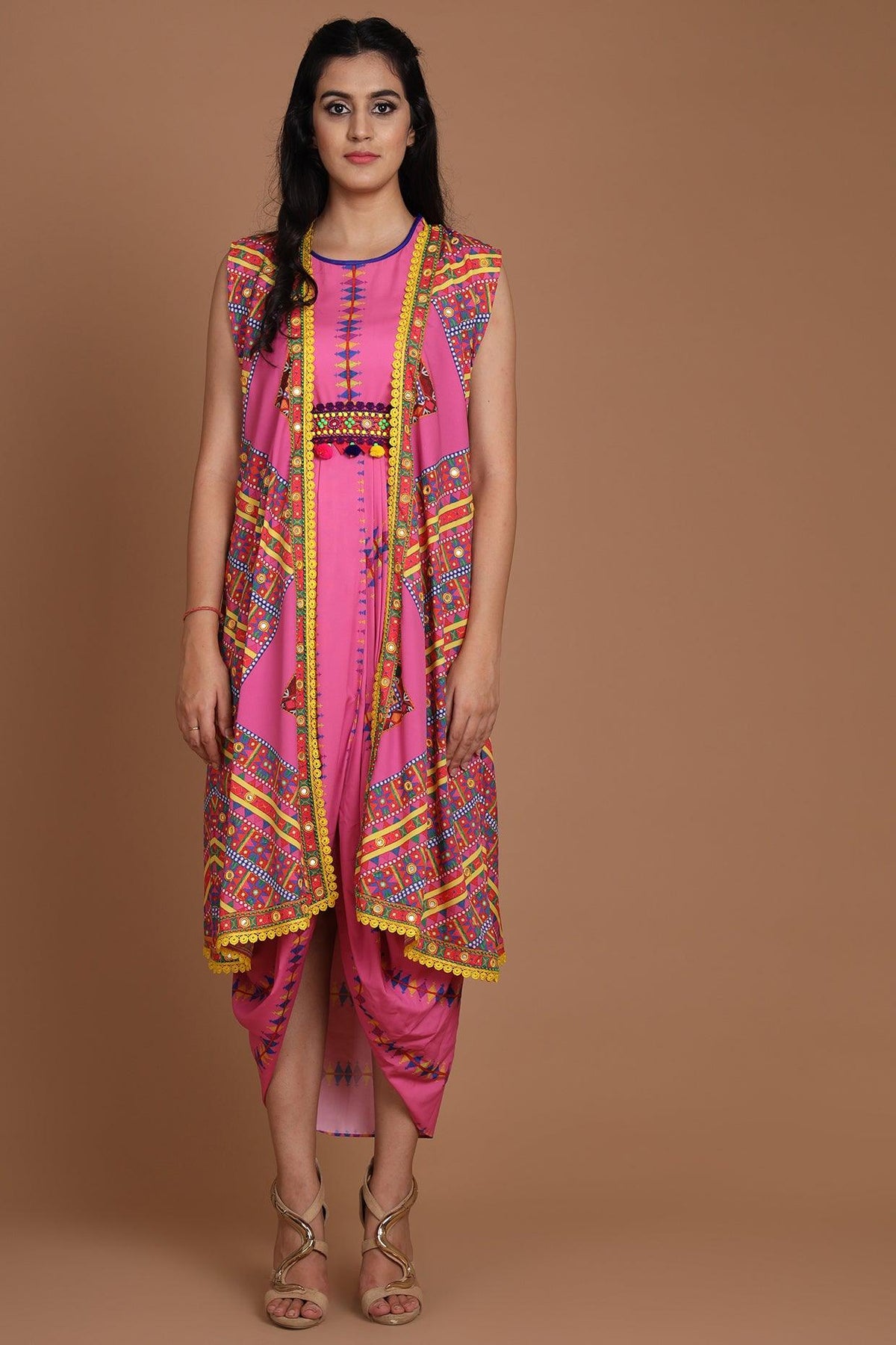 Pink Printed & Embroidered Jacket Set With Belt - Preeti s kapoor