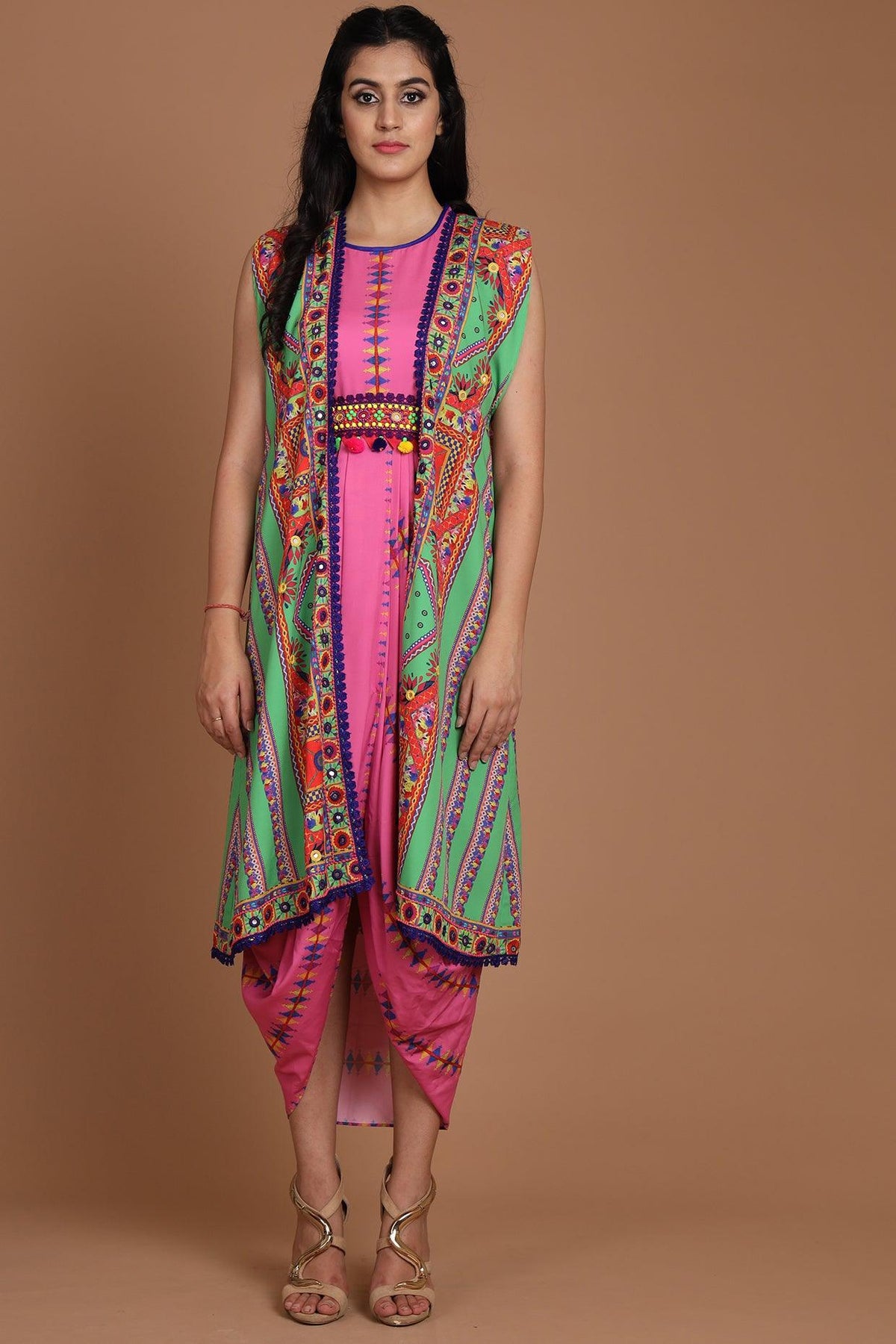 Green & Pink Embroidered Jacket Set With Belt - Preeti s kapoor