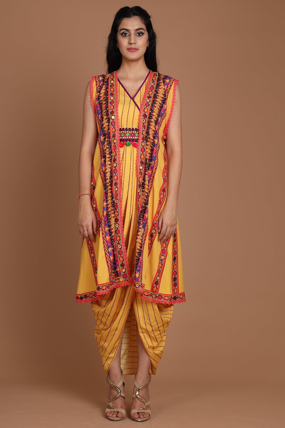 Yellow Embroidered & Printed Jacket Set With Belt - Preeti s kapoor