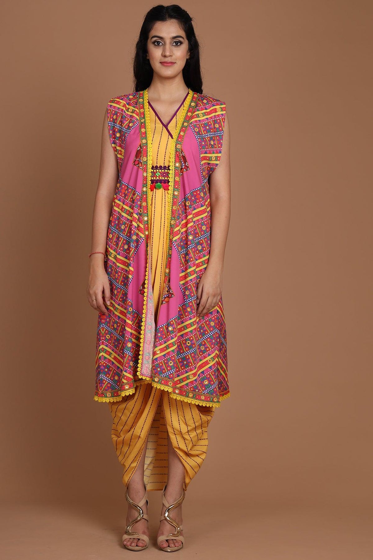 Yellow & Pink Embroidered Jacket Set With Belt - Preeti s kapoor