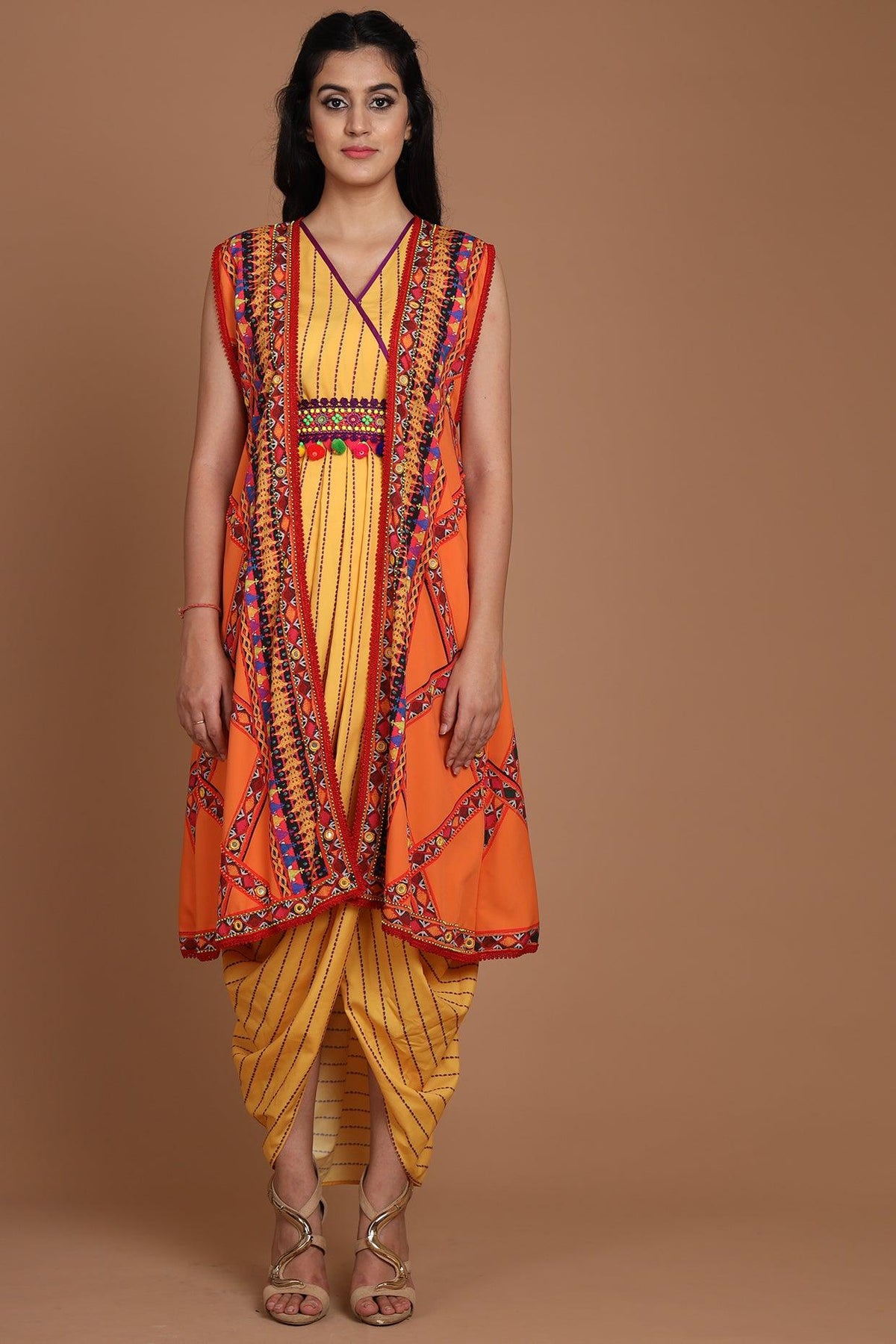 Orange & Yellow Embroidered Jacket Set With Belt - Preeti s kapoor