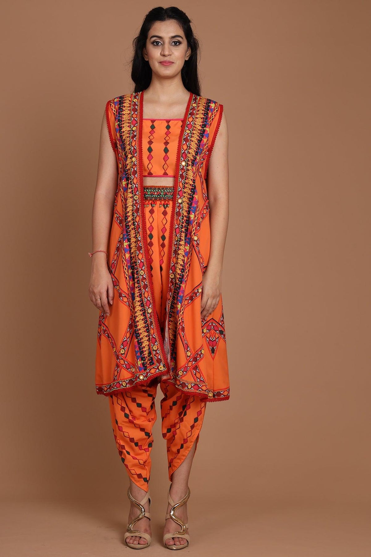 Orange Embroidered & Printed Jacket Set - Preeti s kapoor