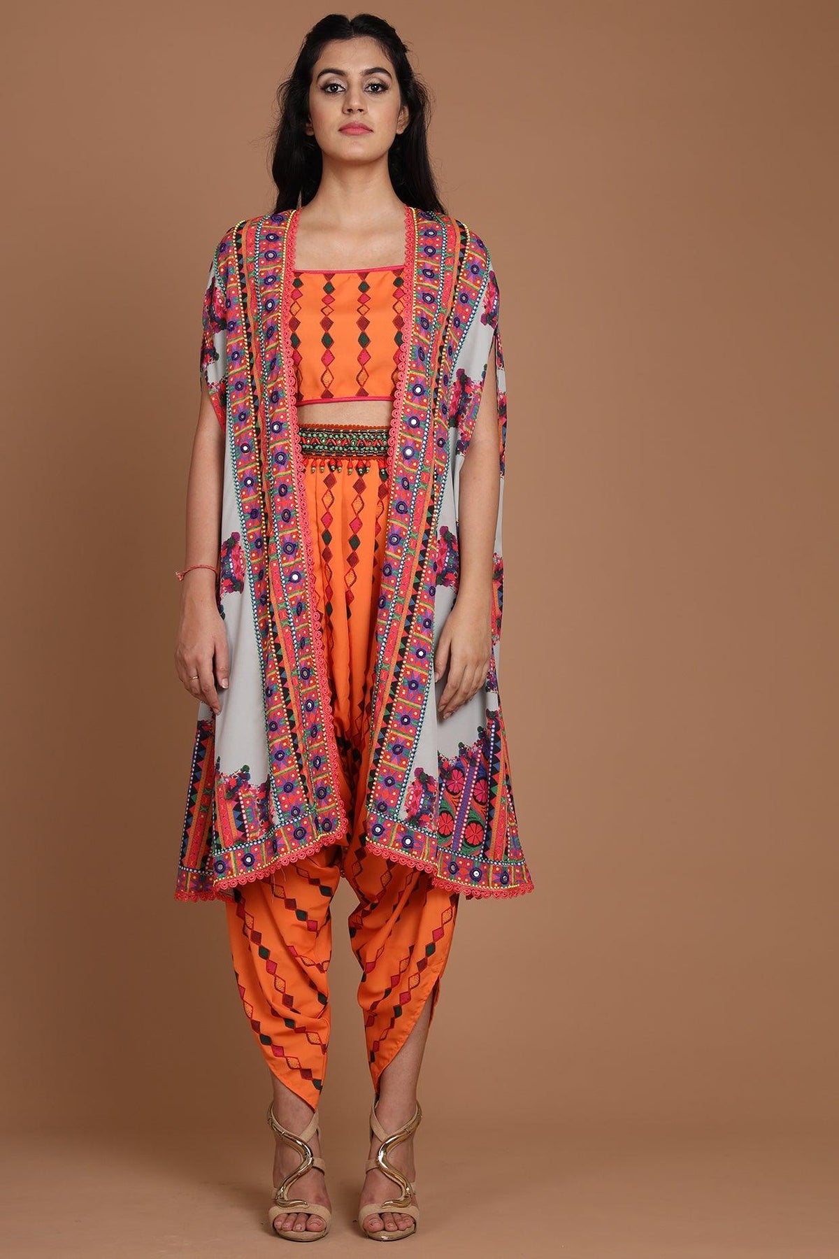 Grey & Orange Embroidered Jumpsuit Set With Belt - Preeti s kapoor
