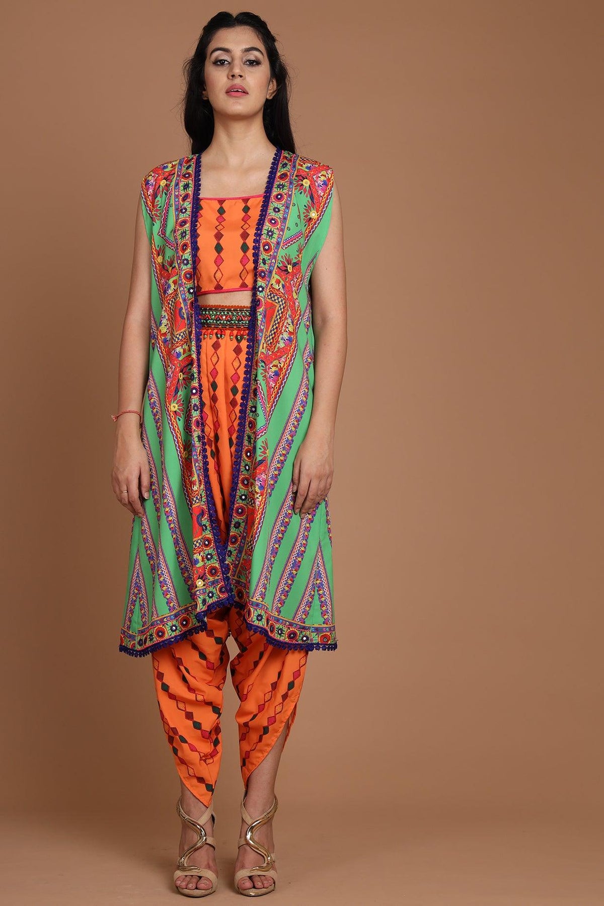Green & Orange Embroidered Jacket Set With Belt - Preeti s kapoor