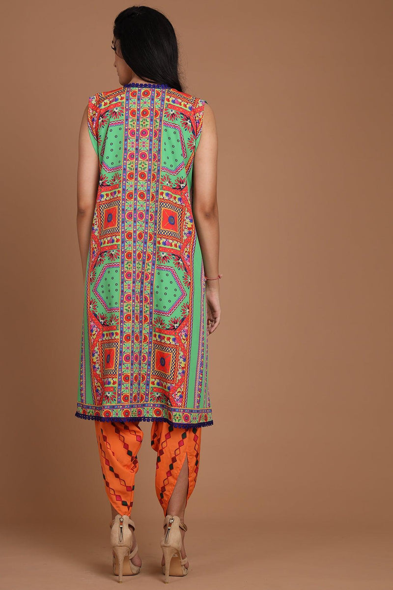 Green & Orange Embroidered Jacket Set With Belt - Preeti s kapoor