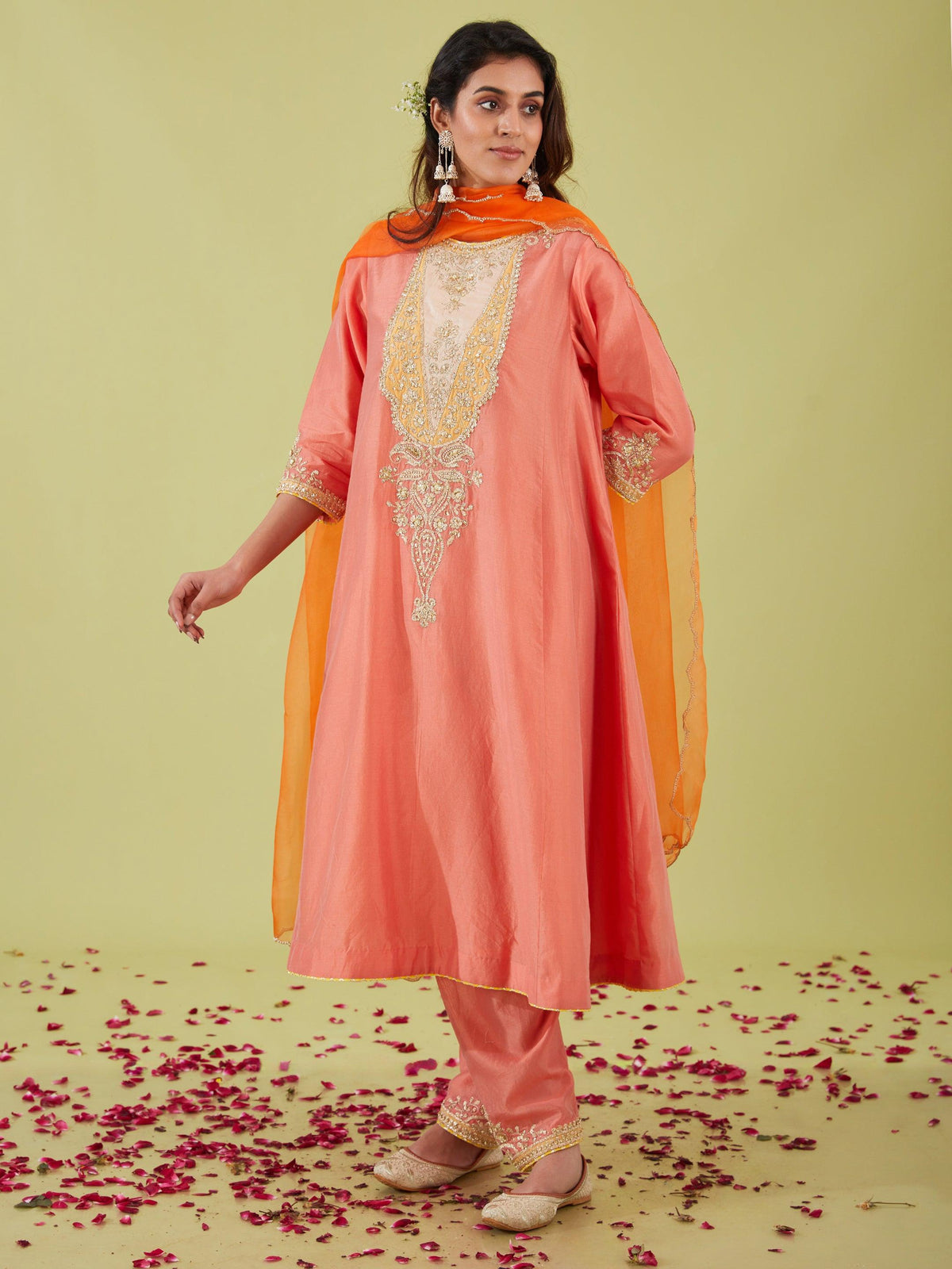 RUST PINK LONG KALIDAR KURTA WITH SALWAR AND ORANGE DUPATTA - Preeti s kapoor