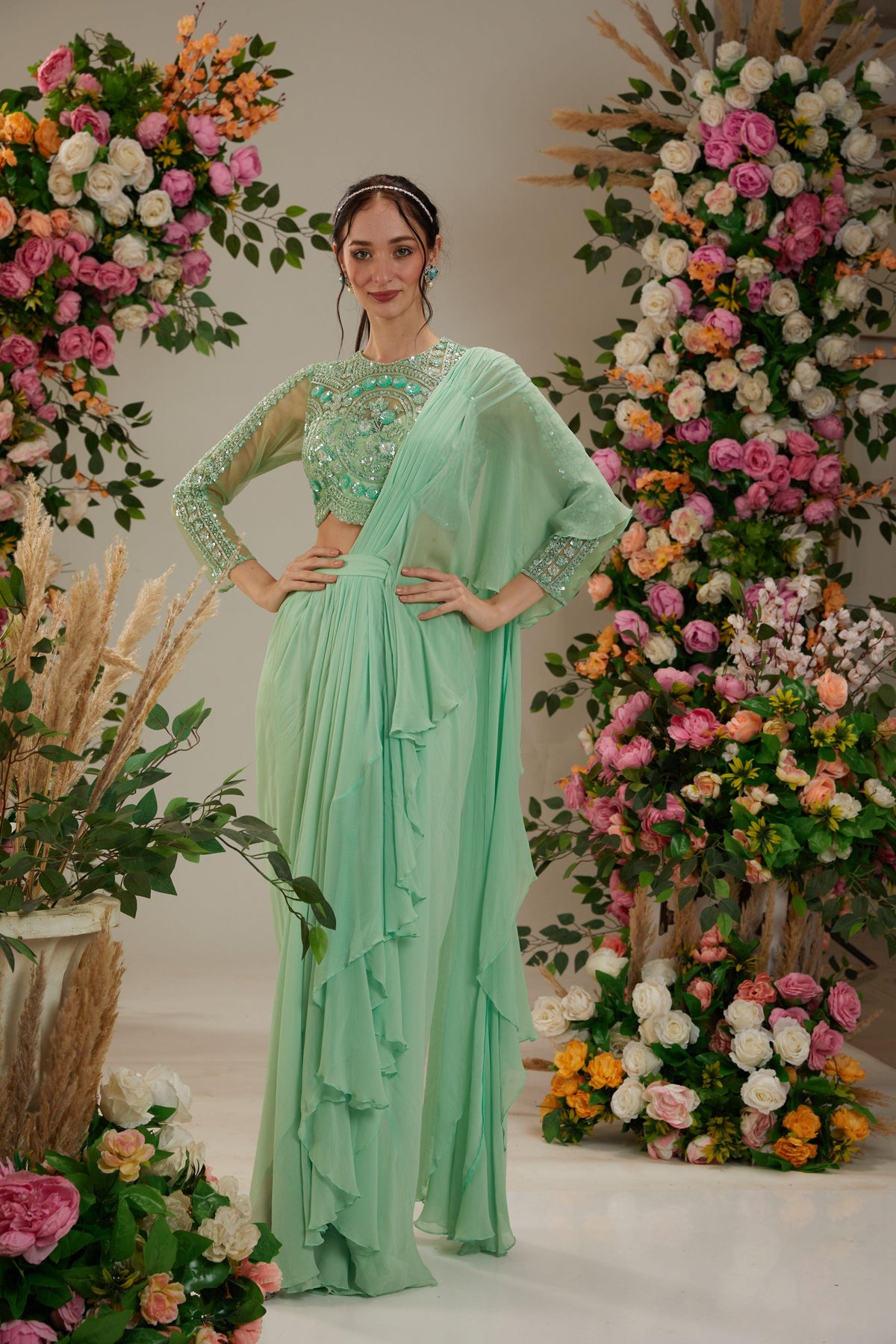 Green Georgette Drape Saree - Preeti s kapoor
