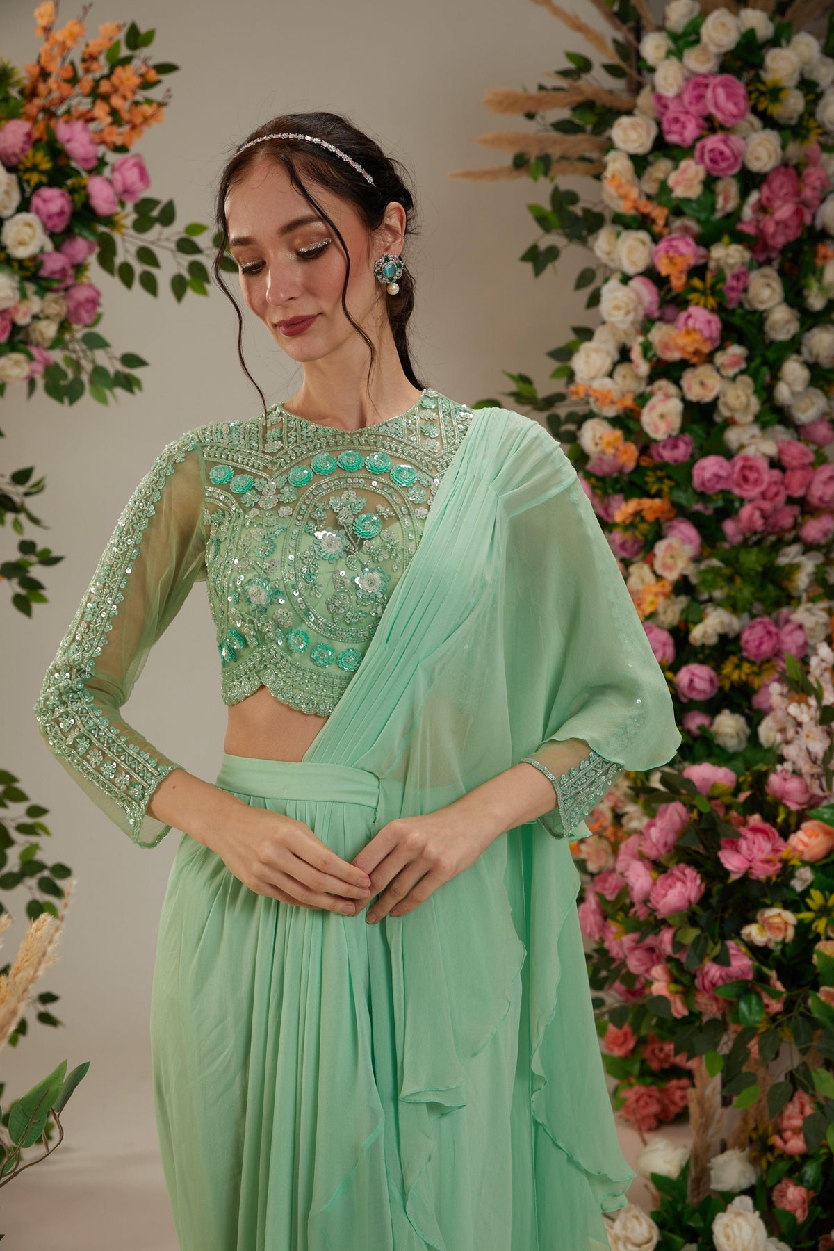 Green Georgette Drape Saree - Preeti s kapoor