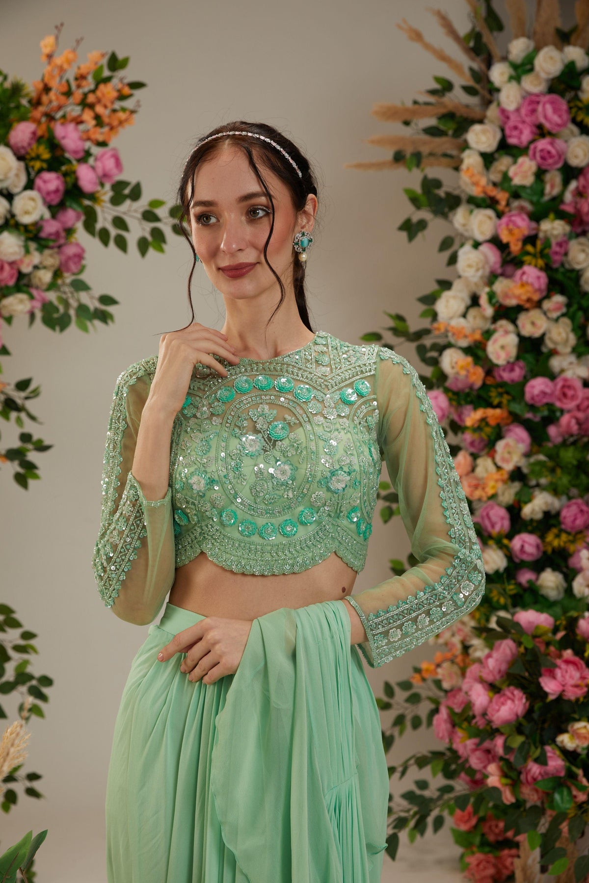 Green Georgette Drape Saree - Preeti s kapoor