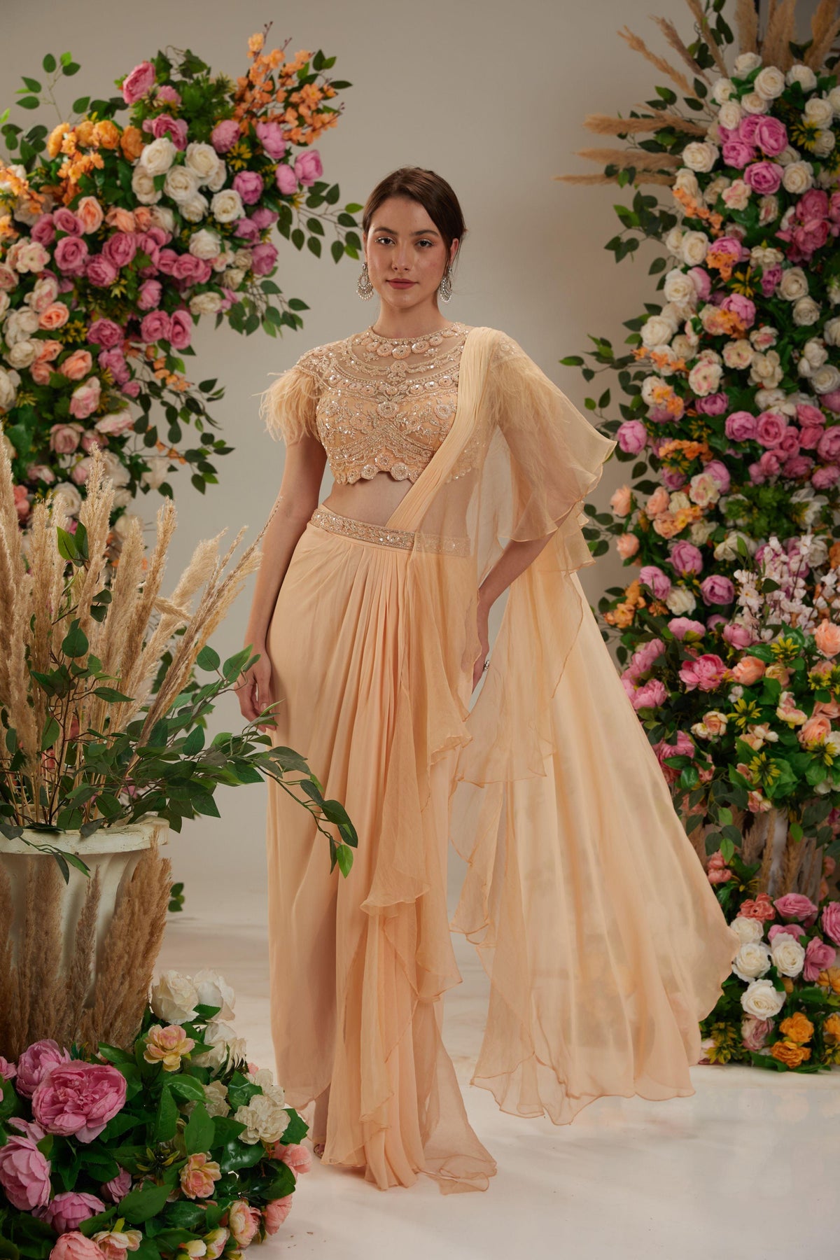 Peach Georgette Drape Saree - Preeti s kapoor