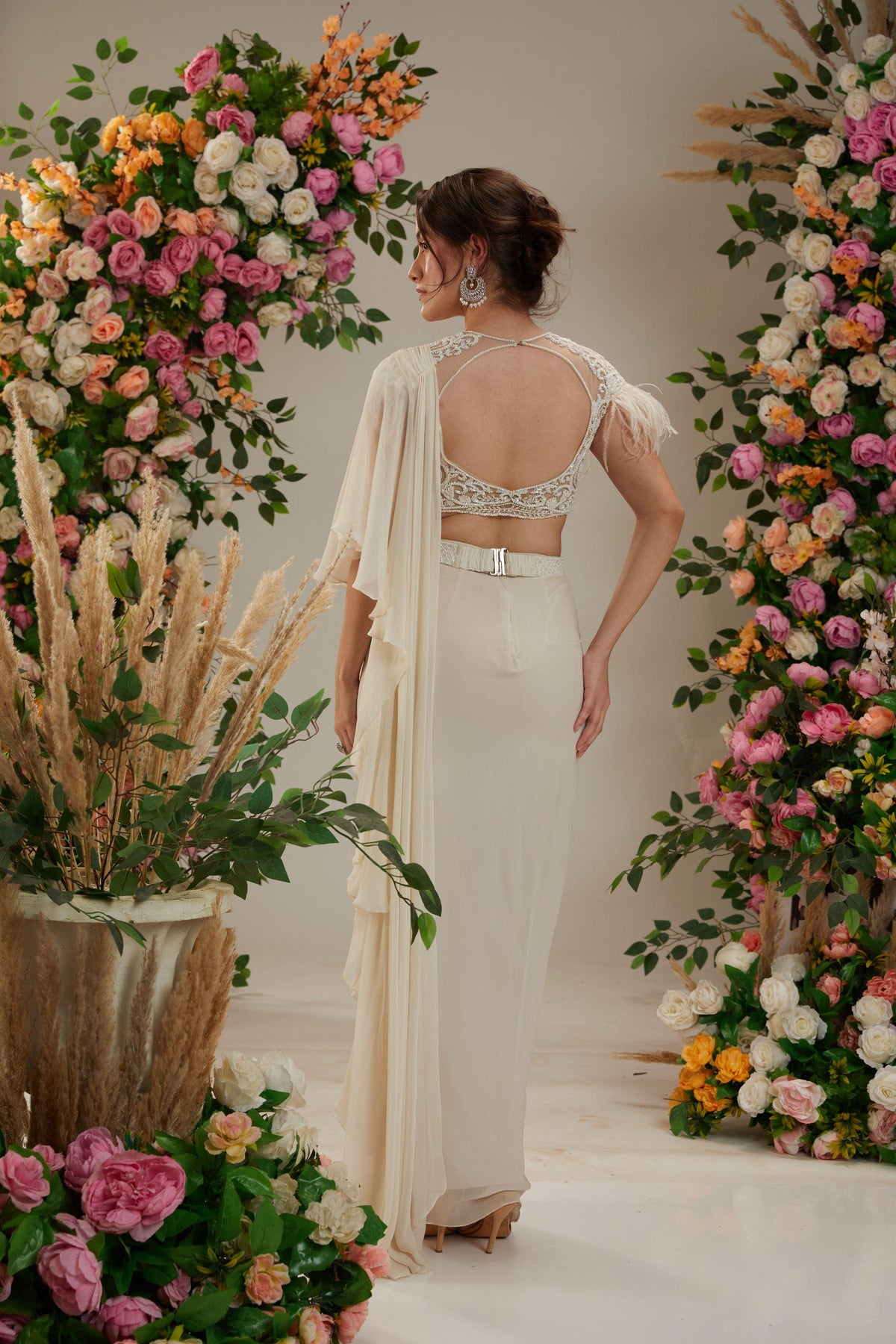 Cream Georgette Drape Saree - Preeti s kapoor