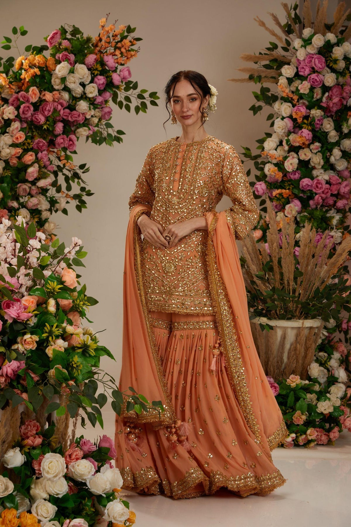 Soft peach short kurta with garara and organza dupatta - Preeti s kapoor