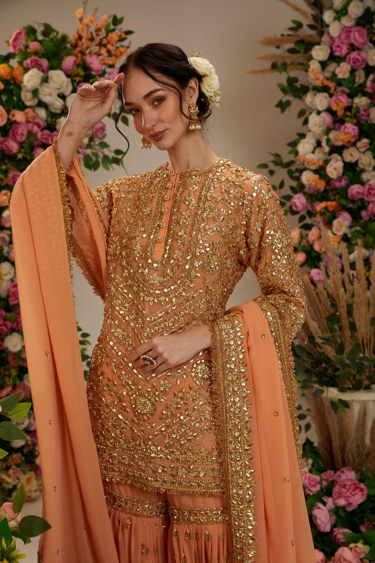 Soft peach short kurta with garara and organza dupatta - Preeti s kapoor