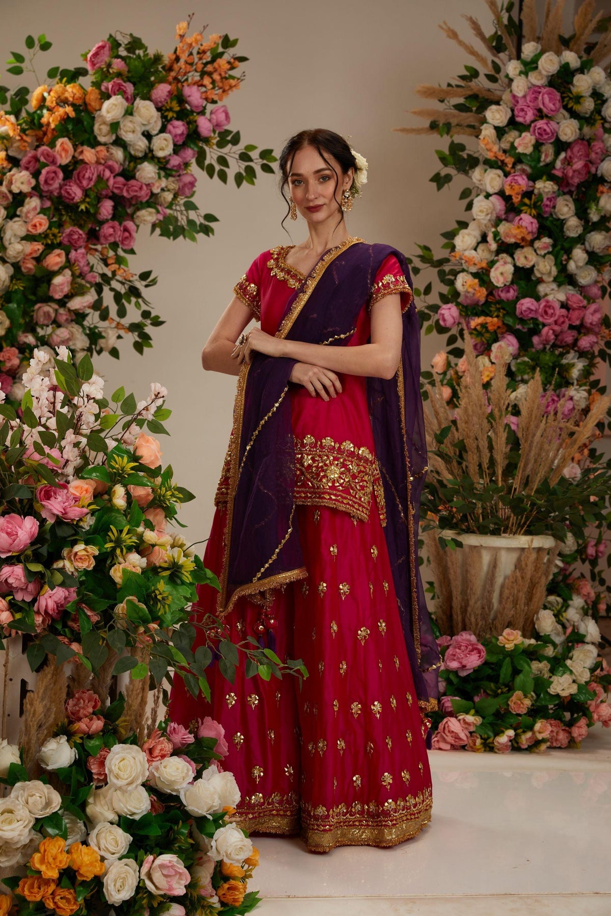 Hot pink Kurta with sharara and organza dupatta - Preeti s kapoor