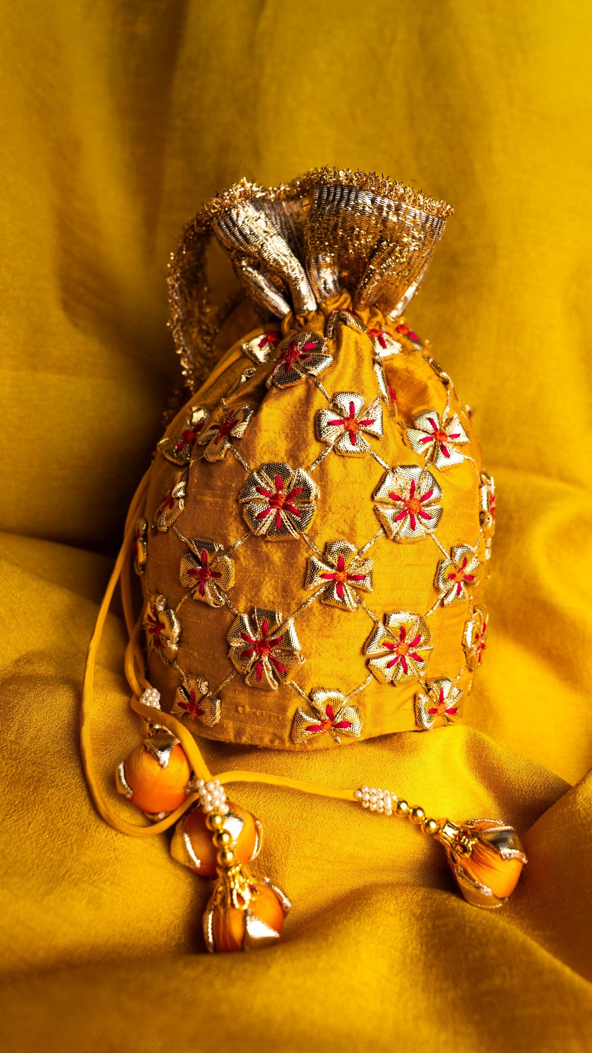 Mustered Blended Silk Traditional Gota Patti Embroidery Potlis