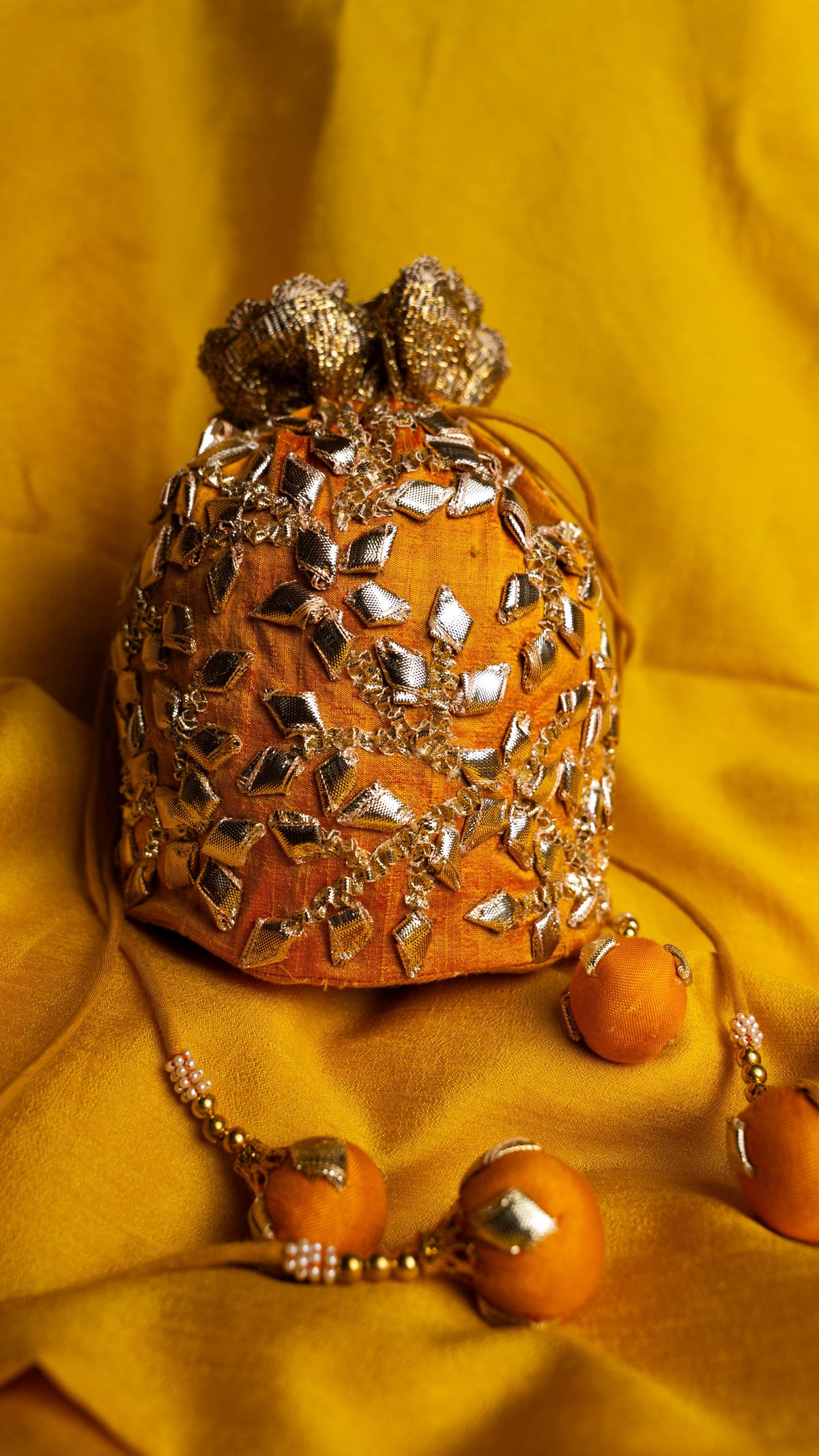 Yellow Blended Silk Traditional Gota Patti Embroidery Potlis