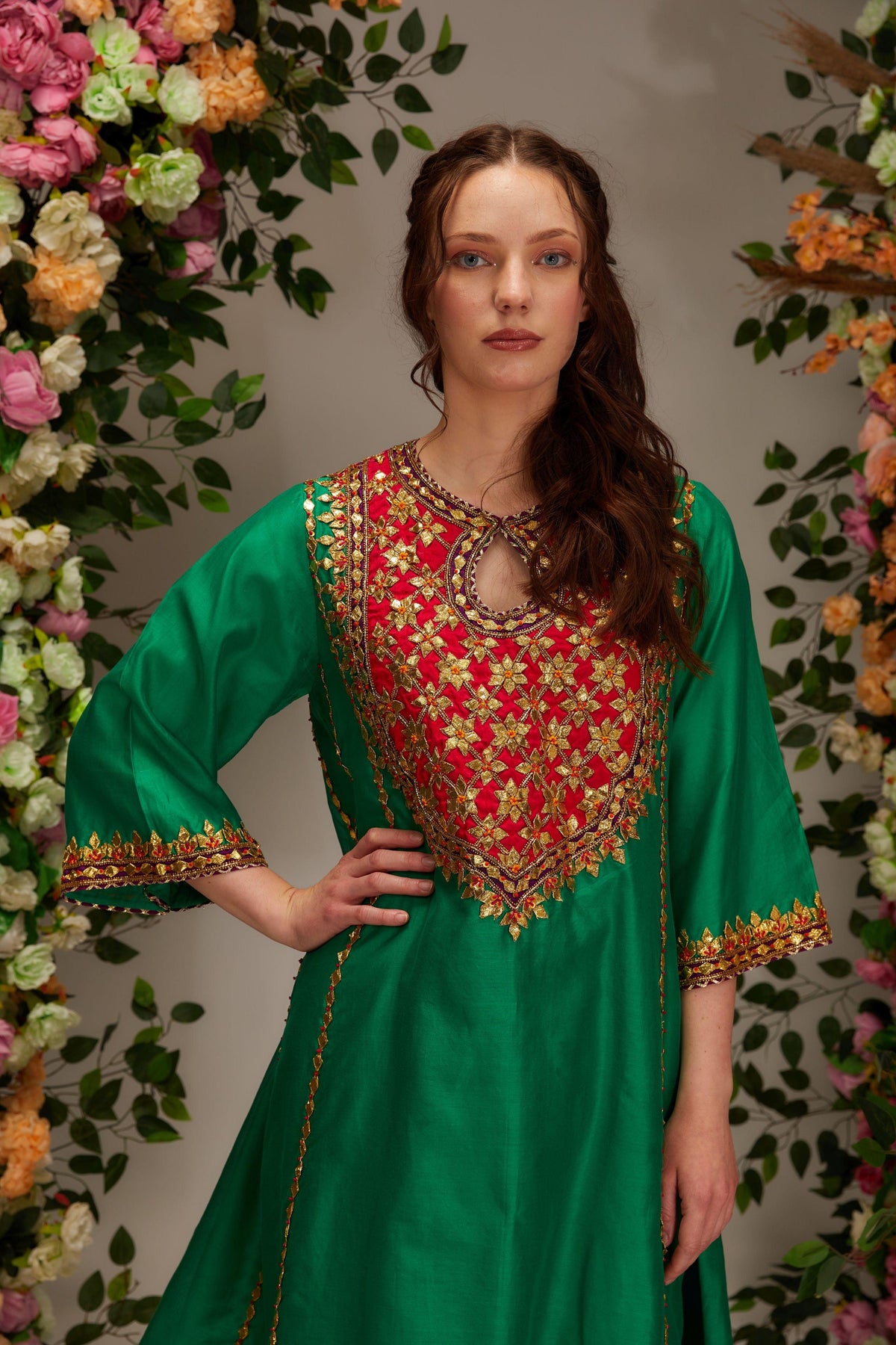 Green Chanderi Short Kalidar Kurta set - Preeti s kapoor