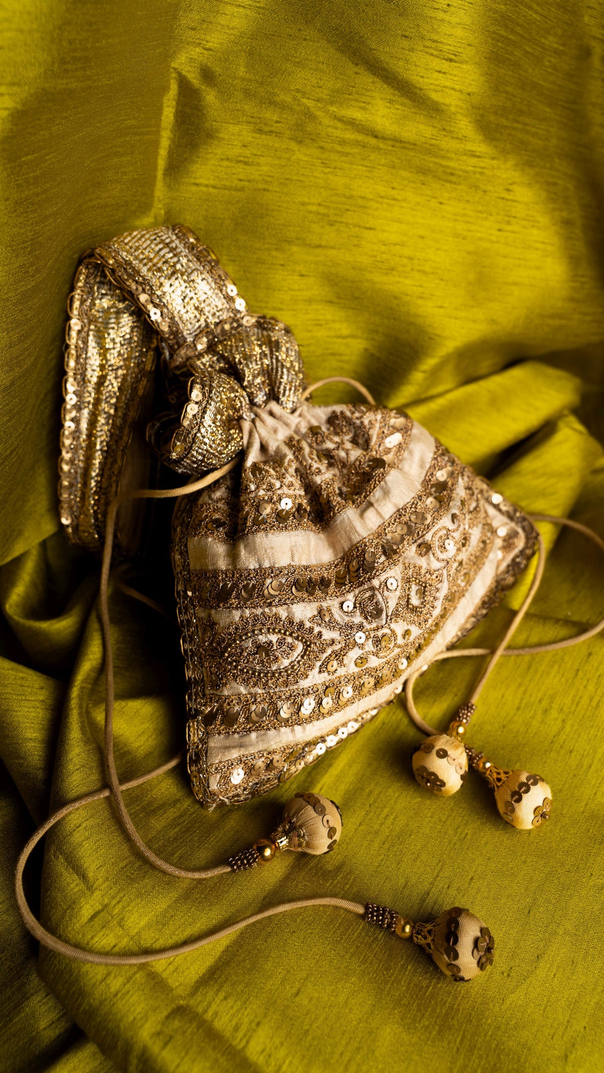 Beige Blended Silk Traditional Gota Patti Embroidery Potlis