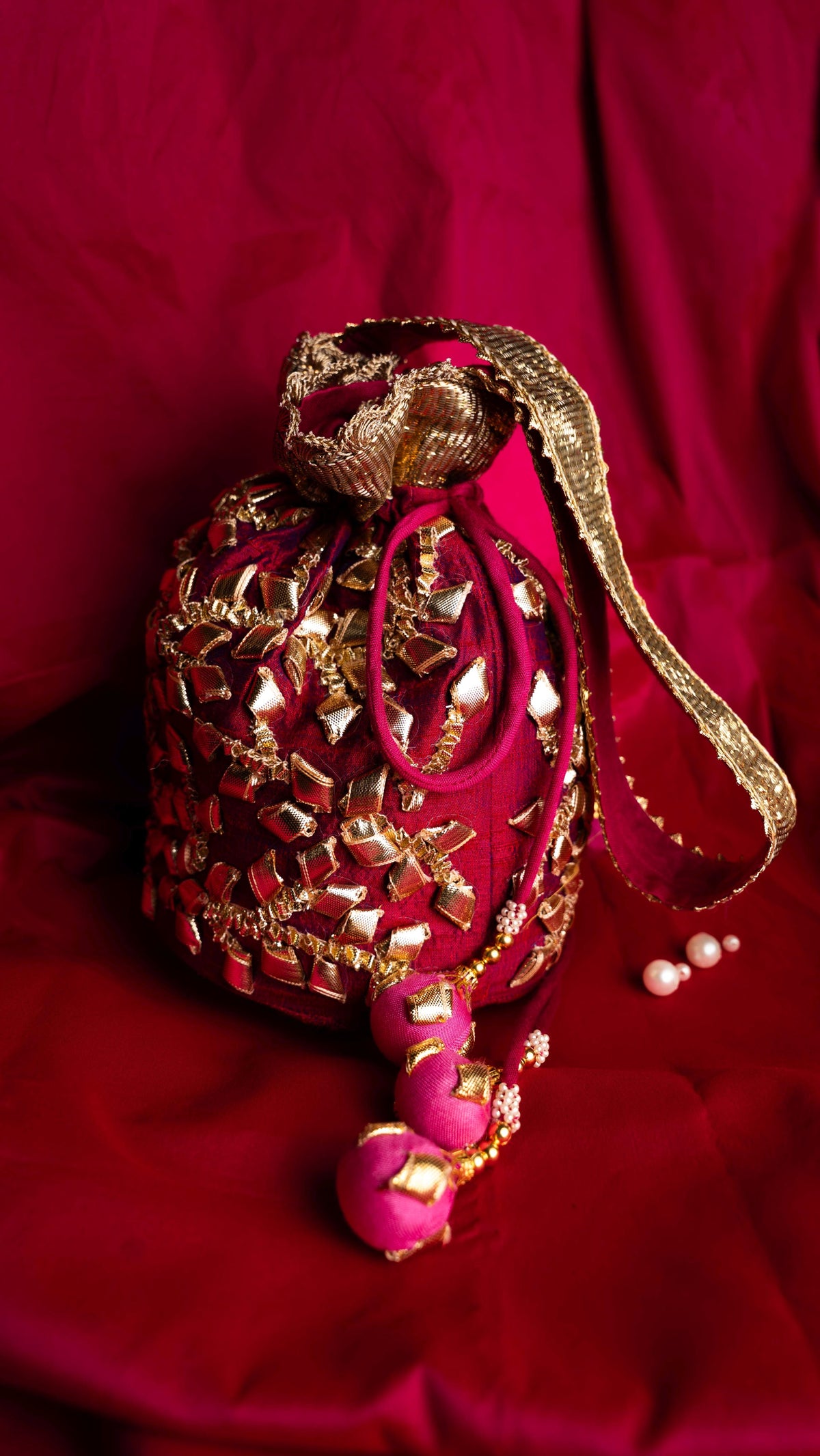 Plum Blended Silk Traditional Gota Patti Embroidery Potlis