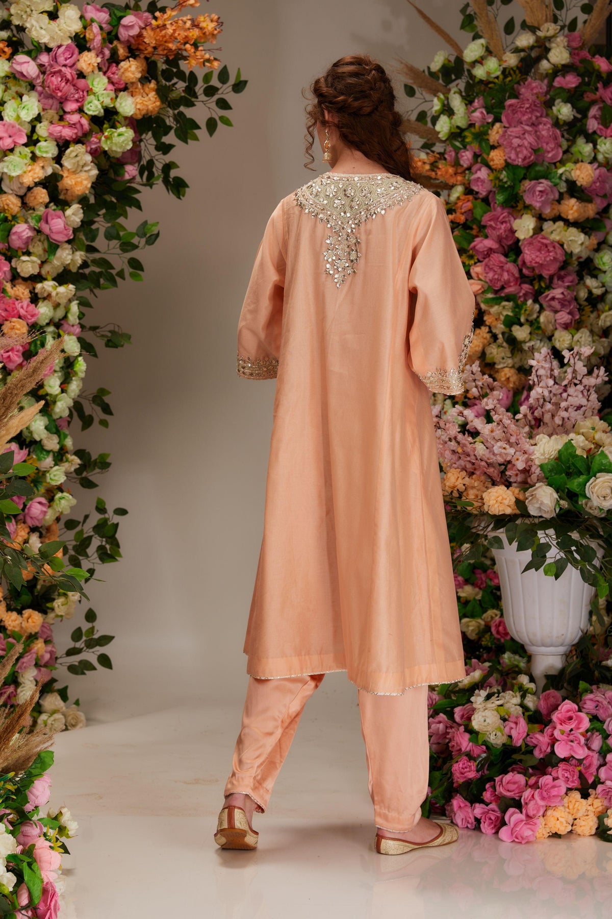 Peach Chanderi Long kalidar Kurta set - Preeti s kapoor