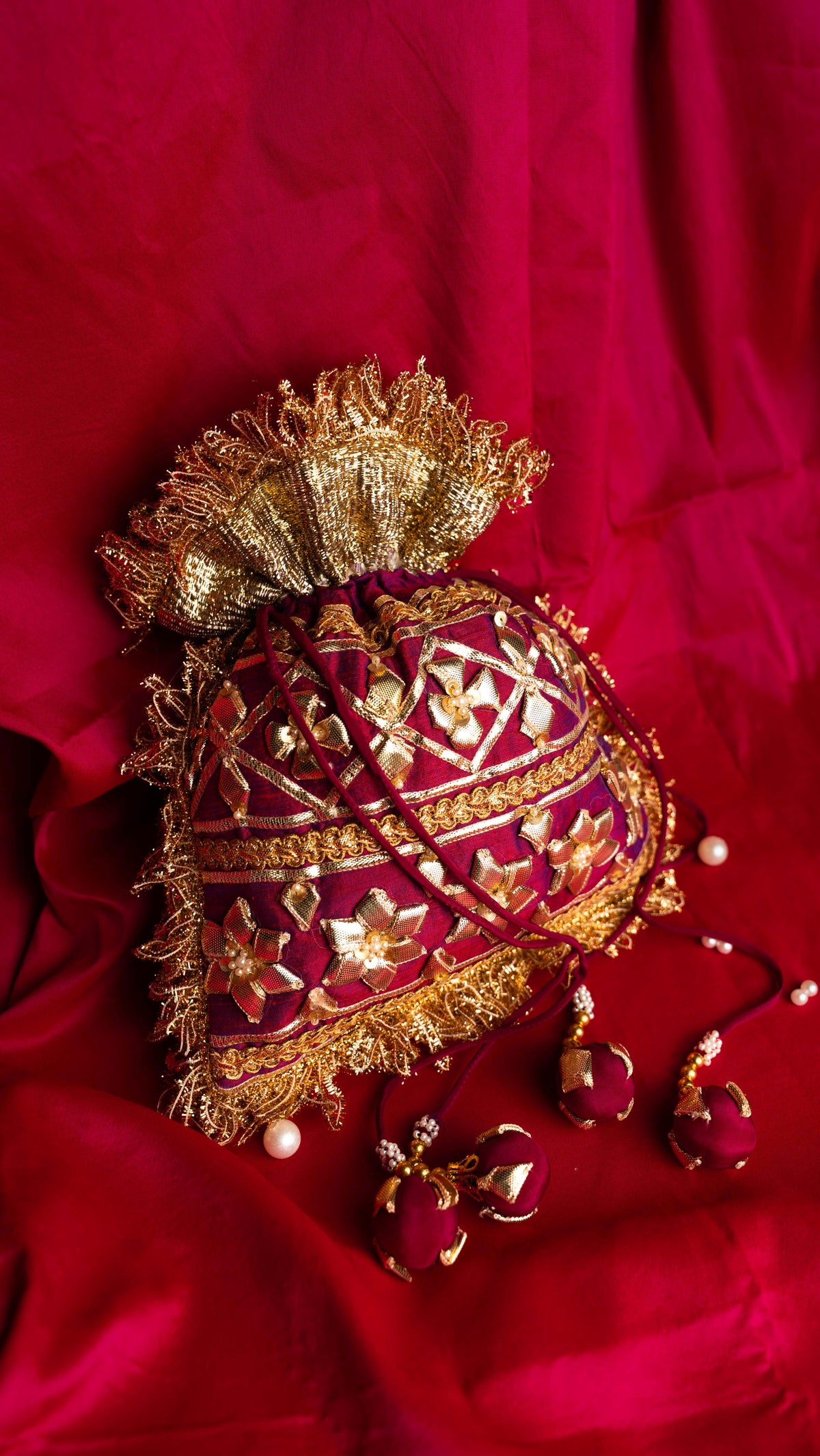 Plum Blended Silk Traditional Gota Patti Embroidery Potlis