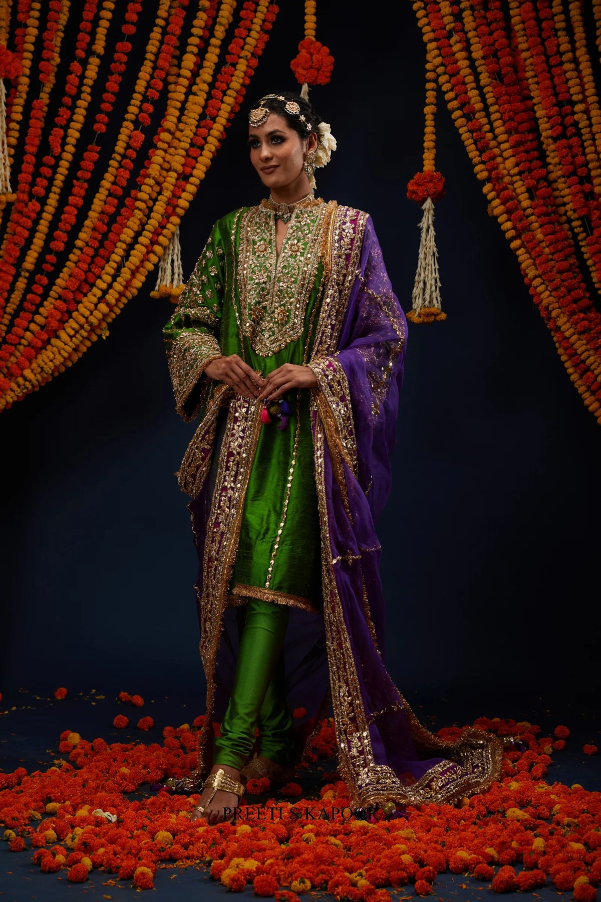 Green raw silk embroidered kurta churidar set with purple dupatta – Preeti S Kapoor
