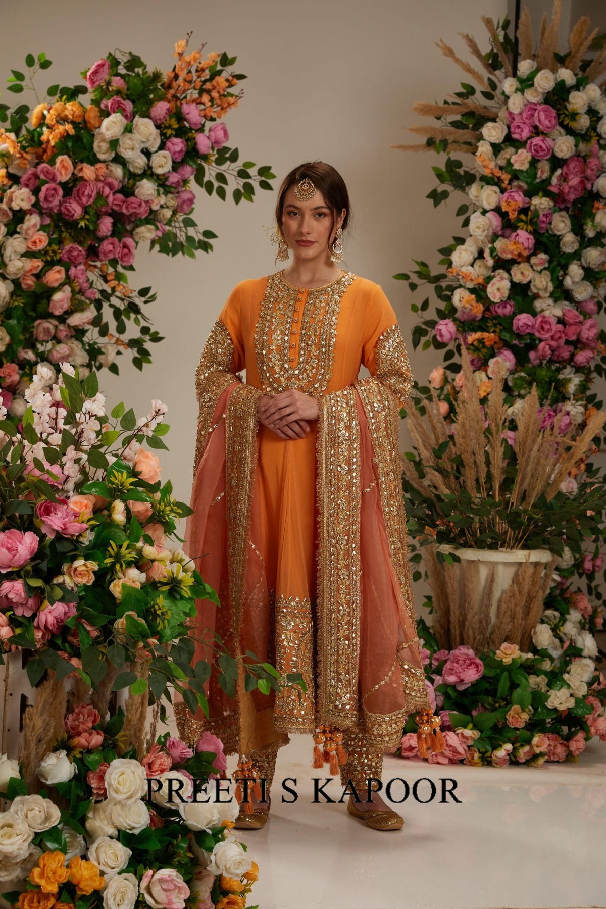 Peach Orange Long anarkali with matching salwar with organza dupatta - Preeti S Kapoor