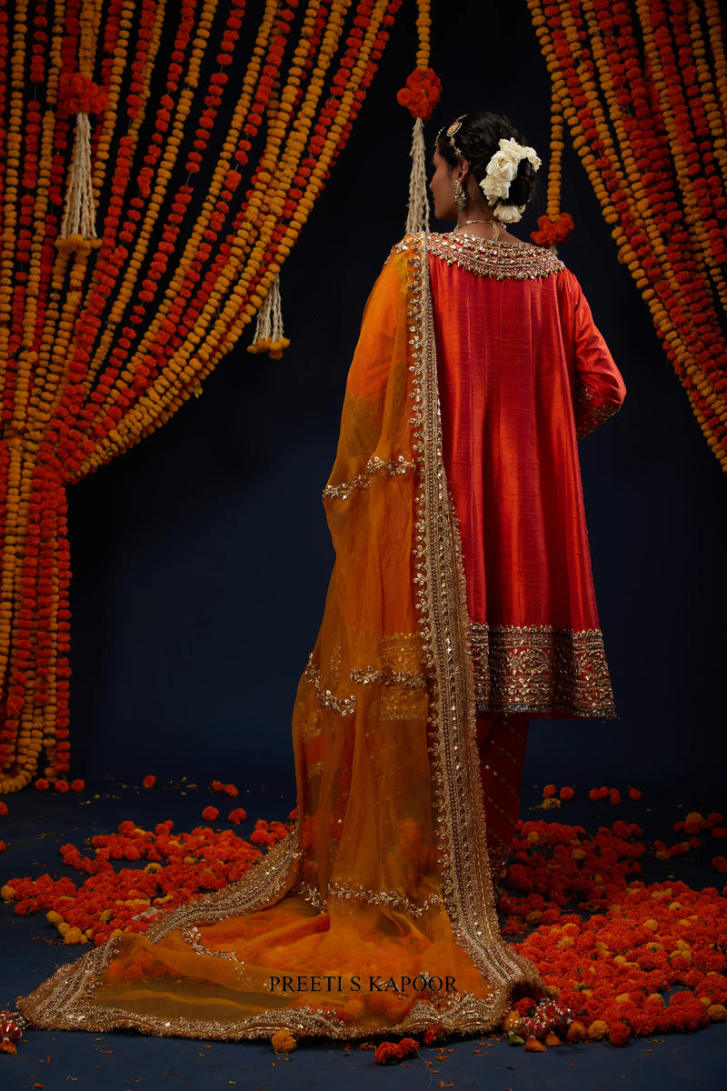Rust Red embroidered Anarkali back view with Mustard Yellow dupatta train – Preeti S Kapoor