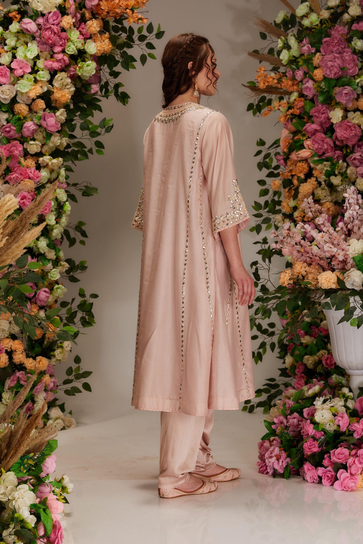 Soft Pink Chanderi Long kalidar Kurta set - Preeti s kapoor