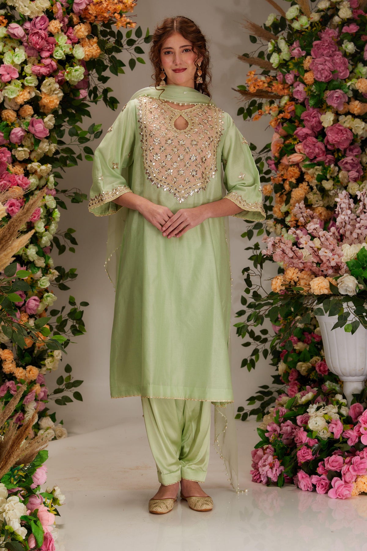 Pista Green Chanderi Long a-line Kurta set - Preeti s kapoor