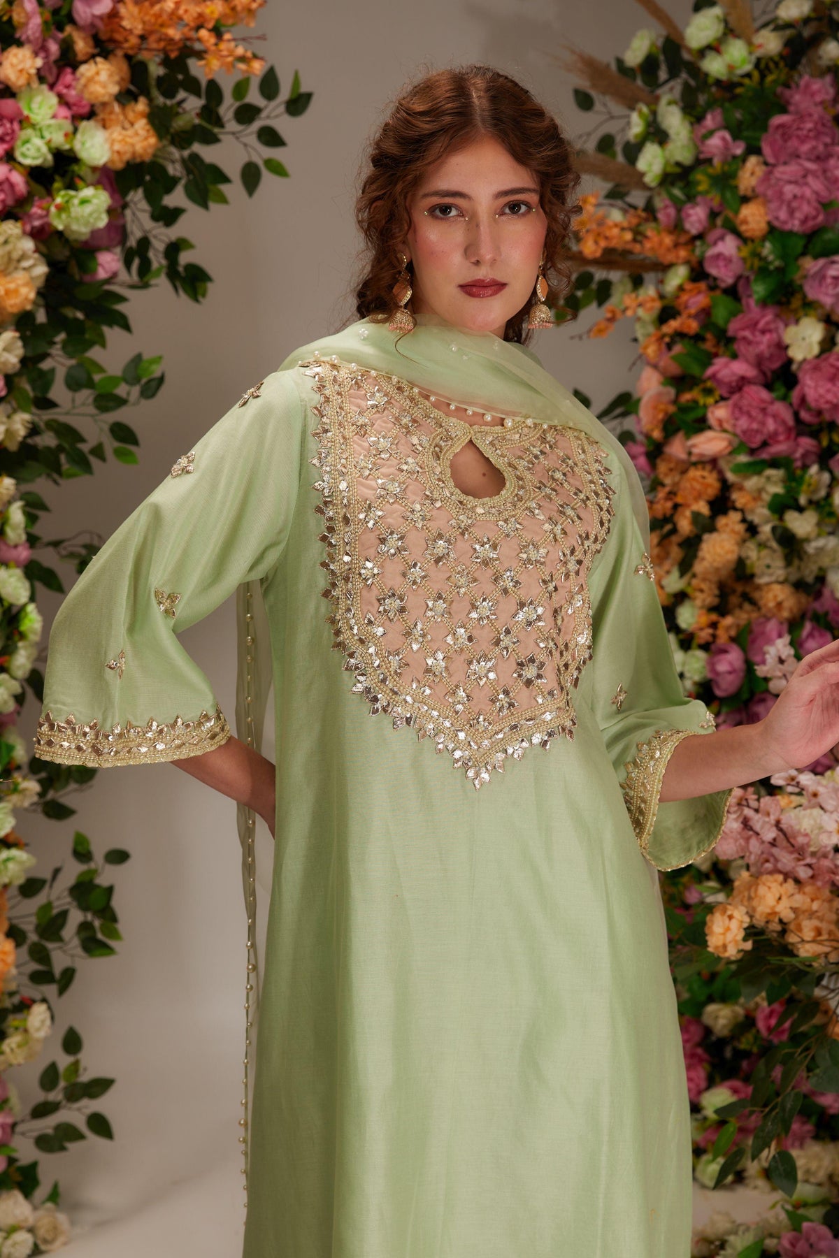 Pista Green Chanderi Long a-line Kurta set - Preeti s kapoor