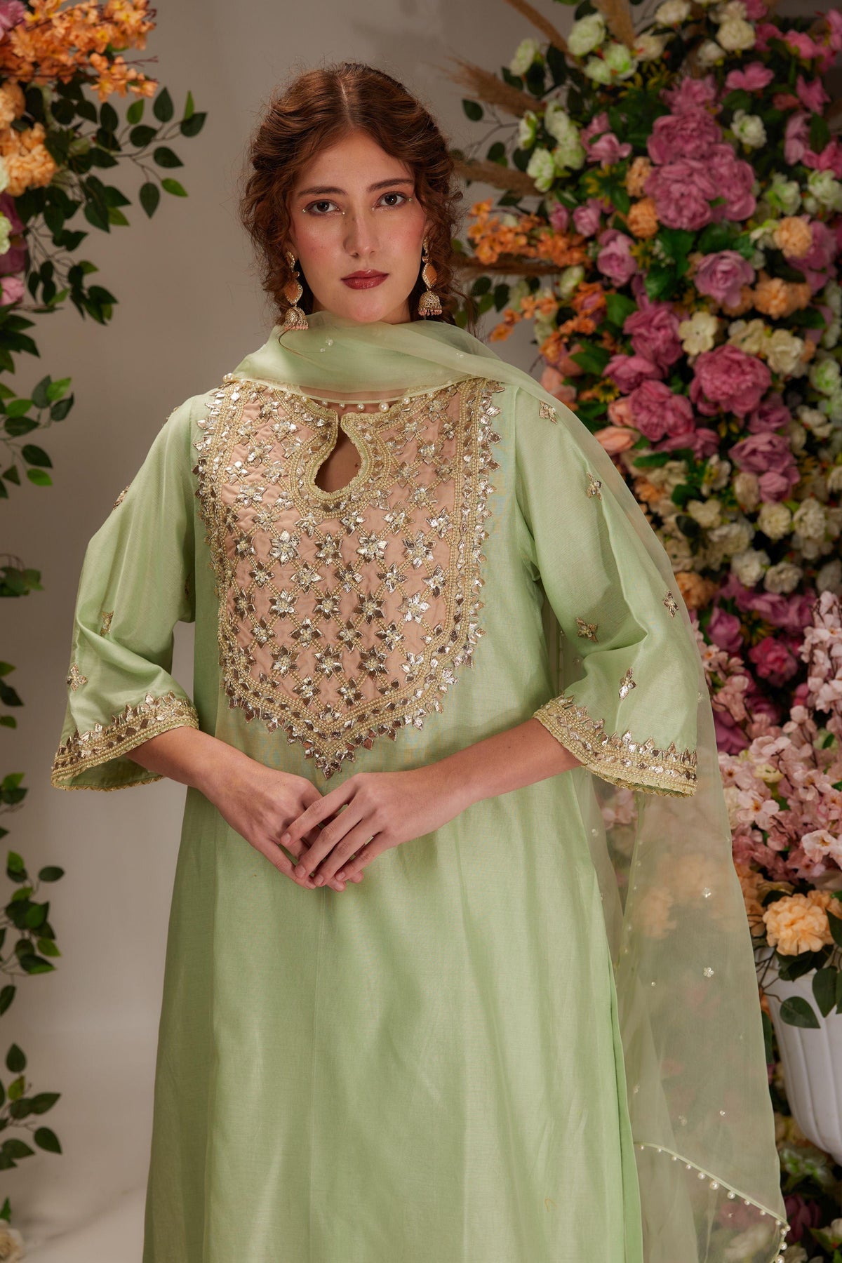 Pista Green Chanderi Long a-line Kurta set - Preeti s kapoor