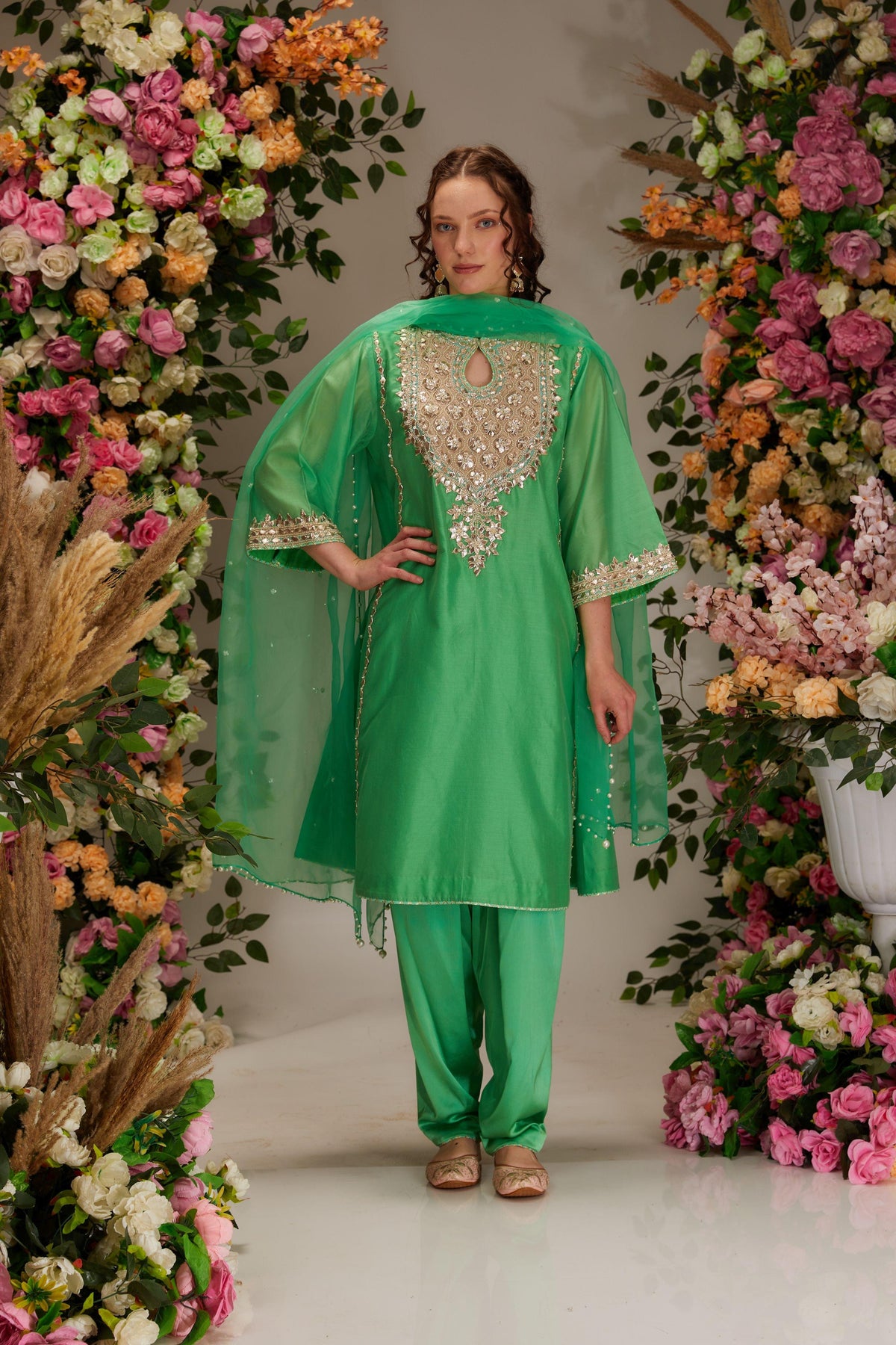Green Chanderi Short A-line Kurta set - Preeti s kapoor